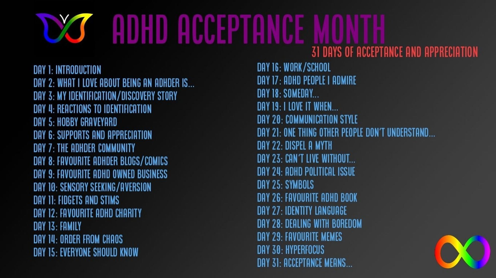 Dark gray graphic with blue-lettered list of 31 days of topics for ADHD Acceptance Month (apologies for not listing them all here). Rainbow infinity symbol for neurodiversity in corners.

Day 1: Introduction