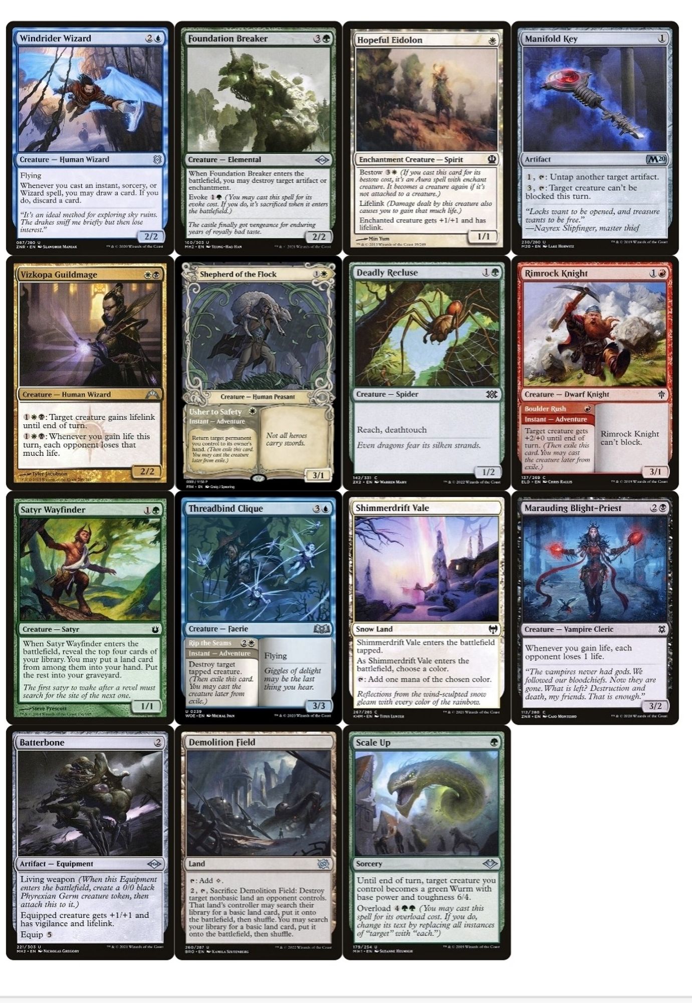 Screenshot of Magic: The Gathering cards, simulating a pack from a draftable cube.

Windrider Wizard, Foundation Breaker, Hopeful Eidolon, Manifold Key, Vizkopa Guildmage, Shepherd of the Flock, Deadly Recluse, Rimrock Knight, Satyr Wayfinder, Threadbind Clique, Shimmering Vale, Marauding Blight Priest, Bonehoarder, Demolition Field, Scale Up