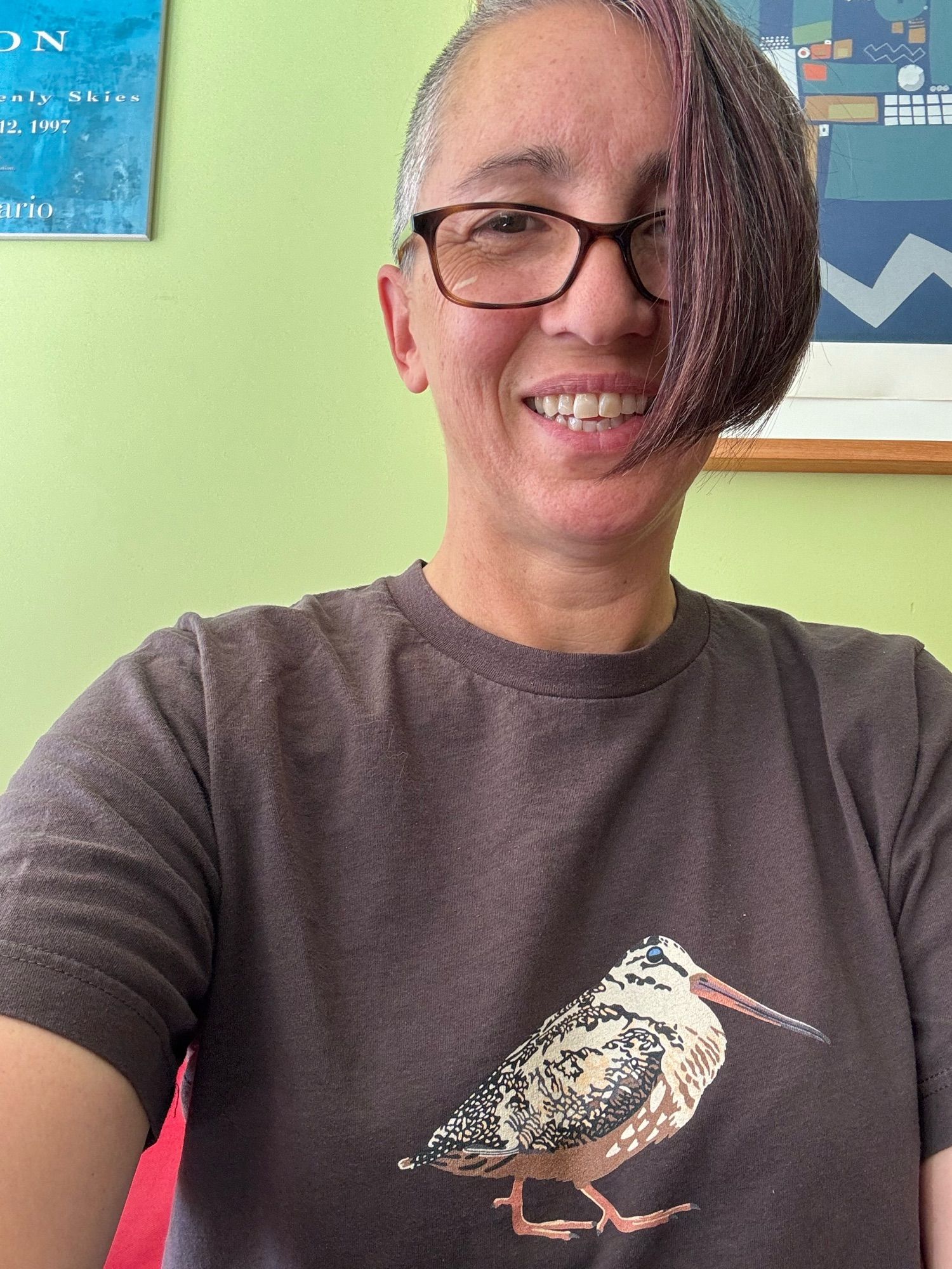 Me, a middle-aged white woman with glasses, an undercut bob and a brown shirt with an illustration of a woodcock, a squat brown bird with a remarkably long bill.