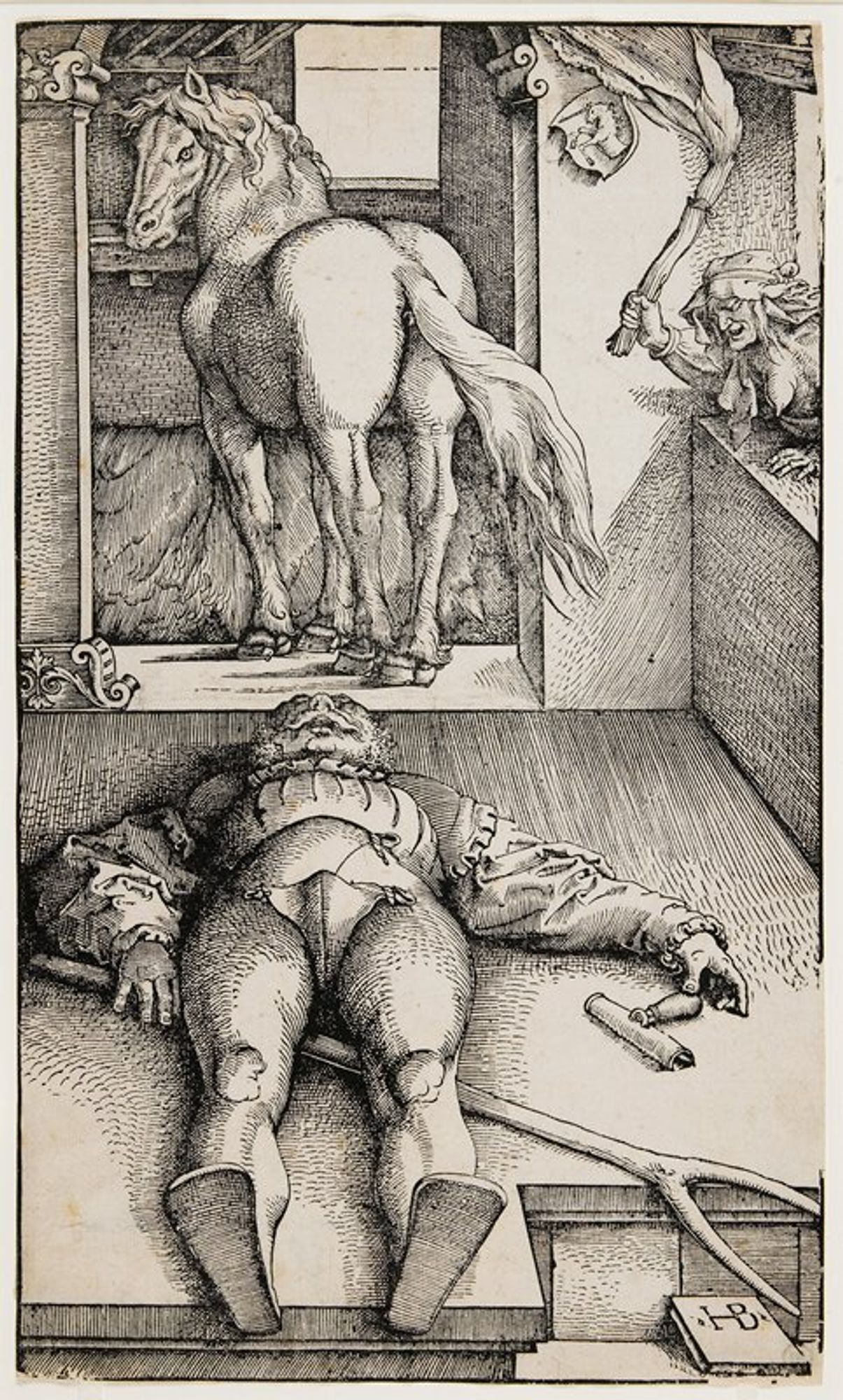 Hans Baldung brings us to a crime scene. The place is a stable, and the groom has been knocked out cold. Did the horse level him with a blow from its hooves' Did the witch cast a spell' Is the unicorn shield a clue' And what does the pitchfork pointing to the artist’s monogram tell us' Is the artist the victim of magic, or perhaps the mastermind behind it' Baldung leaves the story open-ended, so we get to solve the mystery however we want.