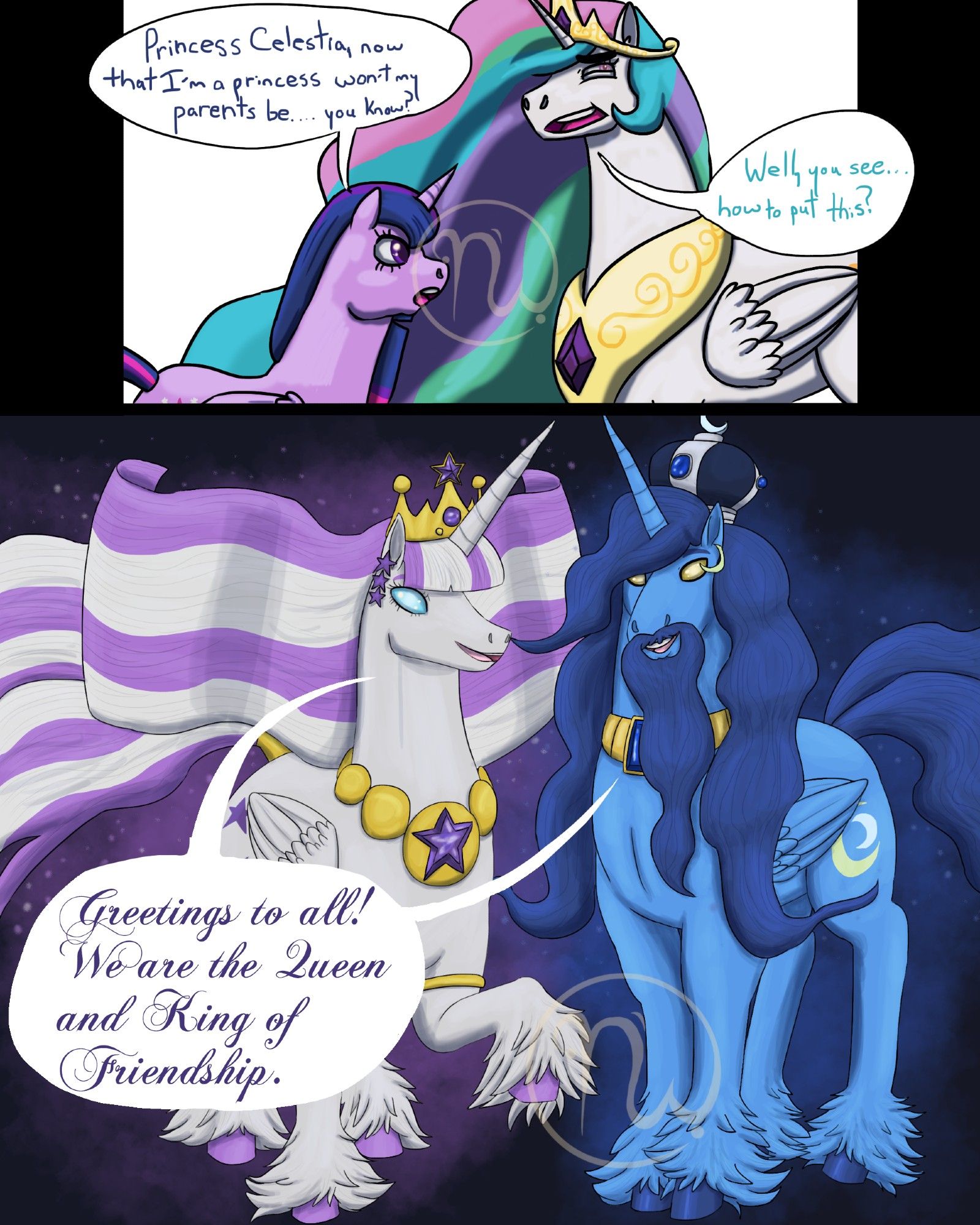 Top Panel: Princess Twilight Sparkle (purple alicorn with a purple mane) asking Princess Celestia (white alicorn with a multicoloured mane) if her parents become royalty since she inherited the "Princess of Friendship" title. Celestia tries to answer as she looks away.

Bottom Panel: The now Queen and King of Friendship, Night Ligtht and Twilight Velvet are greeting others with their new powers and appearance. Long flowing manes, two tails, regalia, heavy feathering, and Night Light now has a beard.