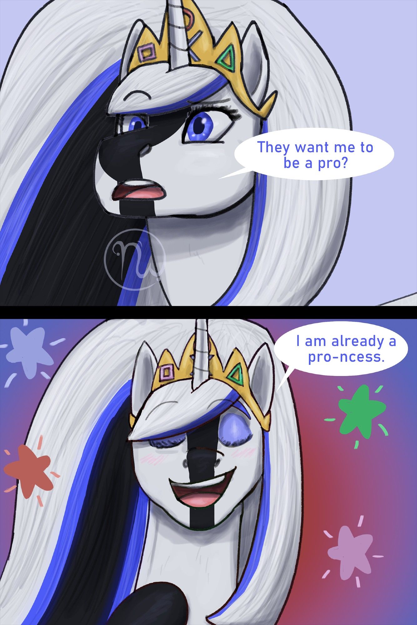 PSelena Five (An alicorn princess based on PS5. She has a gold tiara and blue eyes) is being asked to be a Pro, but she faces forwards with her eyes closed stating she already is a pro-ncess (pro + princess). Stars float around her head.