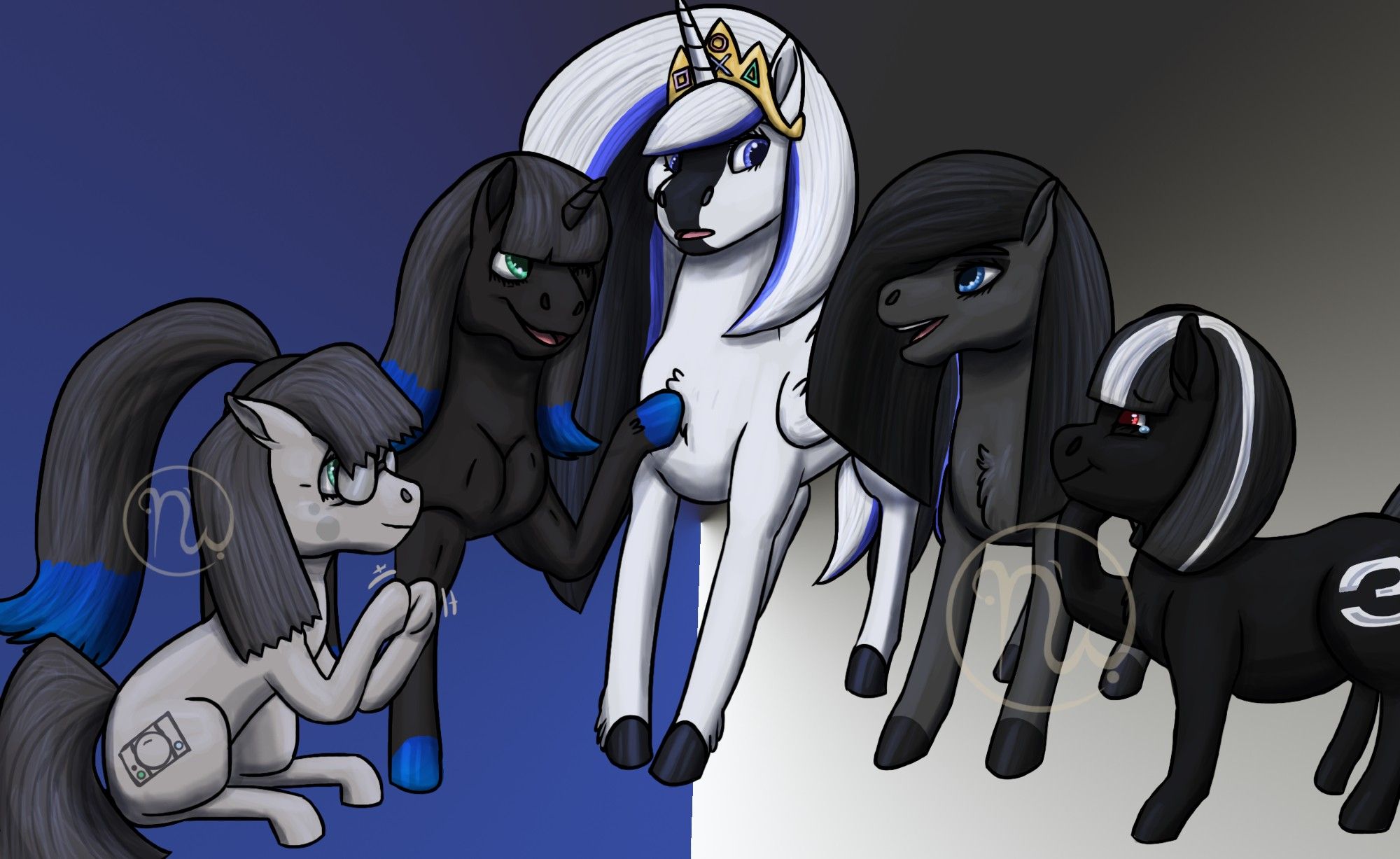 Pselena Five (white and black alicorn with blue eyes wearing a gold tiara) is standing in the middle as her predecessors support and motivate her.  Psable Two (female, muscular, black unicorn with green eyes and a blue tipped mane) is winking at Pselena Five with one blue hoof on her chest. Psonya One (grey earth mare with a grey mane and green eyes wearing glasses) sits beside Psable Two as she hoof claps for Pselena Five. Psandra Four (black earth mare with blue eyes and a long black mane) stands there talking to her newest member. Psally Three (chubby, black mare with a two tone mane and red eyes) stands with a happy smile on her face as she looks at Pselena Five.