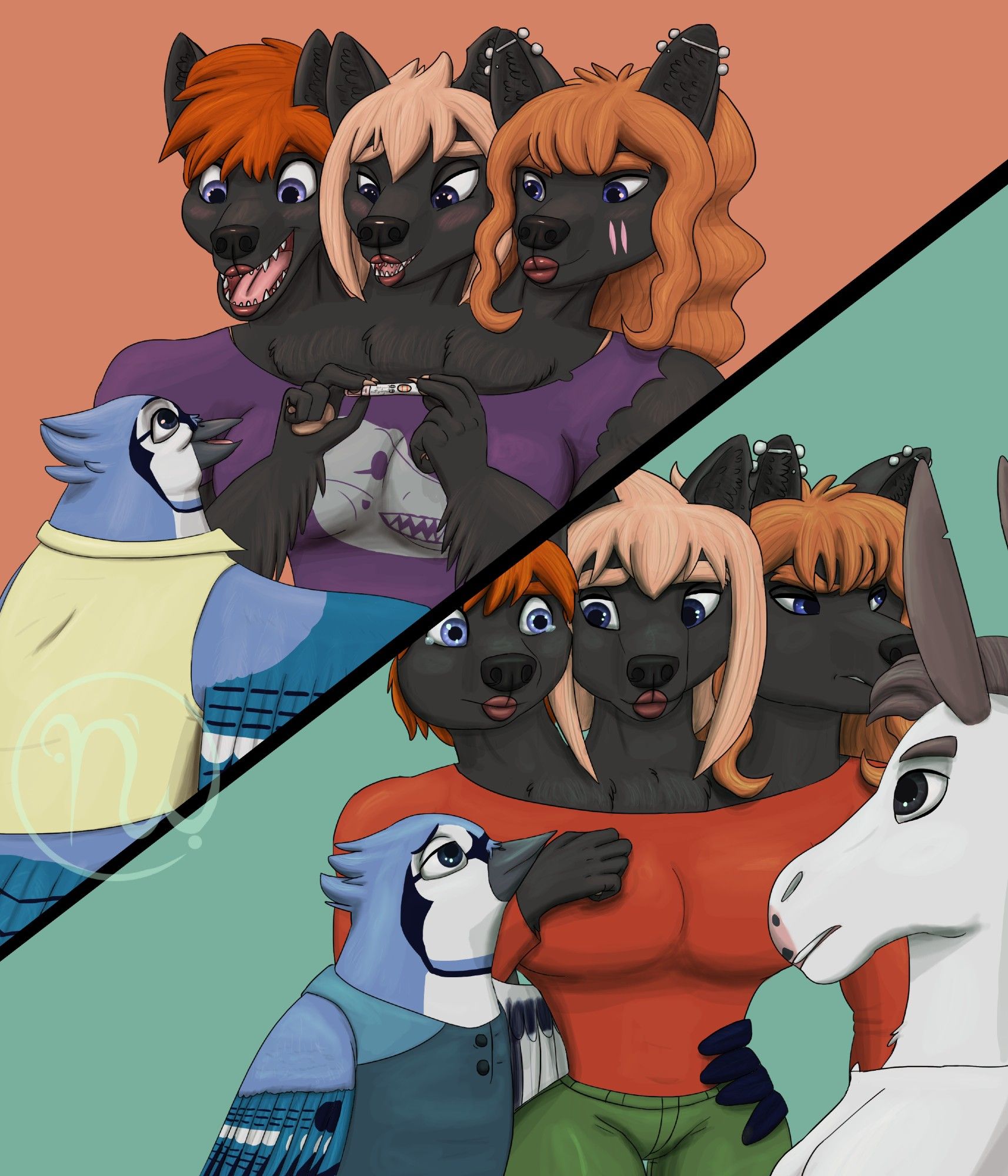 Cerbelle (orange-haired cerberus wearing a purple shirt) shows her birdfriend, Bojan (blue jay in a yellow dress shirt) with happy and excited expressions that she is pregnant. Holding up a pregnancy test with both hands.

Next panel they find out Cerbelle had a miscarriage. With the donkey doctor giving them this information. Bojan hugs his partner with one wing looking up only imagining the greater sadness all the head-sisters must feel. Cee has watery eyes as she's ready to cry with her right hand on her chest. Bella looks sadly back at Bojan. Cercie looks away in anger at the information.