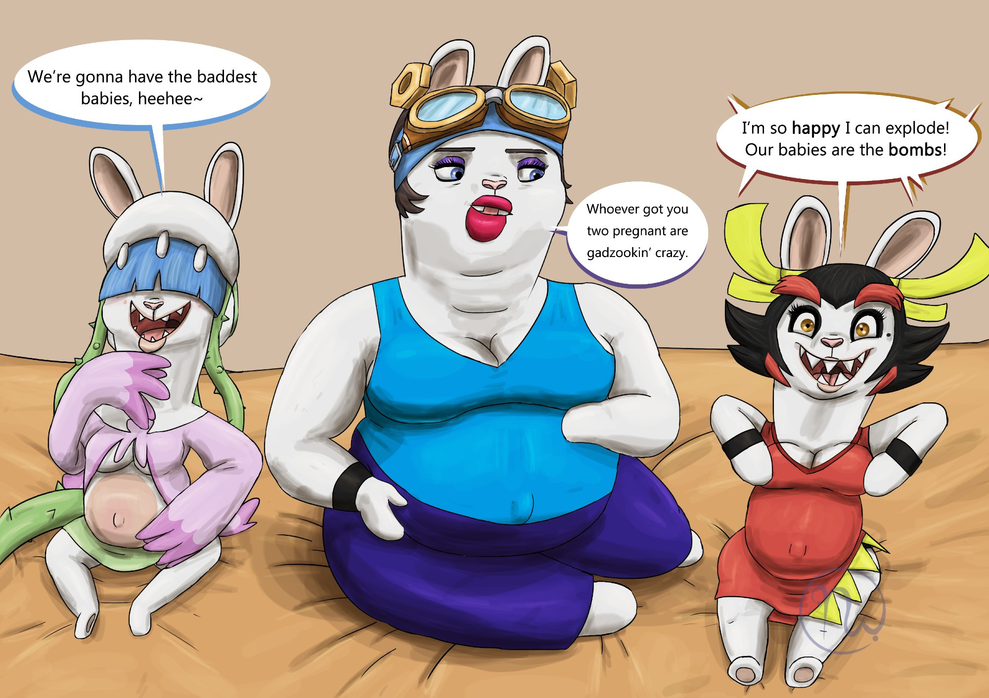 Daphne (blue hair, vines, and a purple shirt) sits with an fanged, open smile saying how bad her babies will be. Momma (largest female rabbid with brown hair, thick, red lips, and blue eyes. Wearing a blue tank top and blue pants. Her goggles rest on her forehead.) sits between the two villains in disbelief at them being pregnant. Rubbing her belly with both of her mitten hands. Kanya (black haired rabbid in an orange dress) looks crazily excited at the viewer as she feels so much positive energy about carrying some rabbabies. Pointing at her belly with both hands.