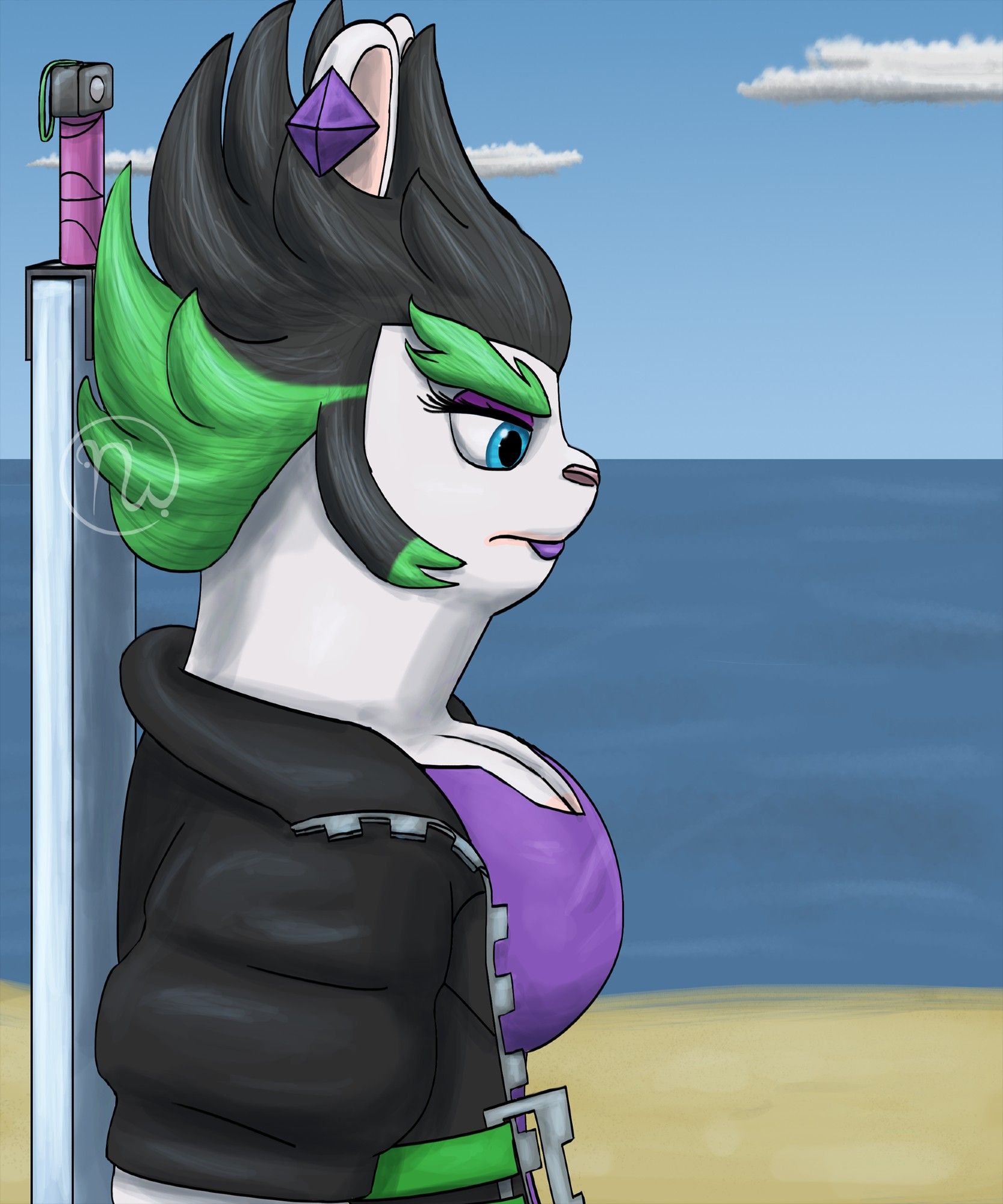 Edge (Rabbid lady with green and black hair. Wears a black jacket, purple earrings, and purple shirt She has blue eyes and a pink nose) stands on a beach with her back to her long sword. She looks down as she is in thought. The sea can be seen and there are a couple clouds in the sky.