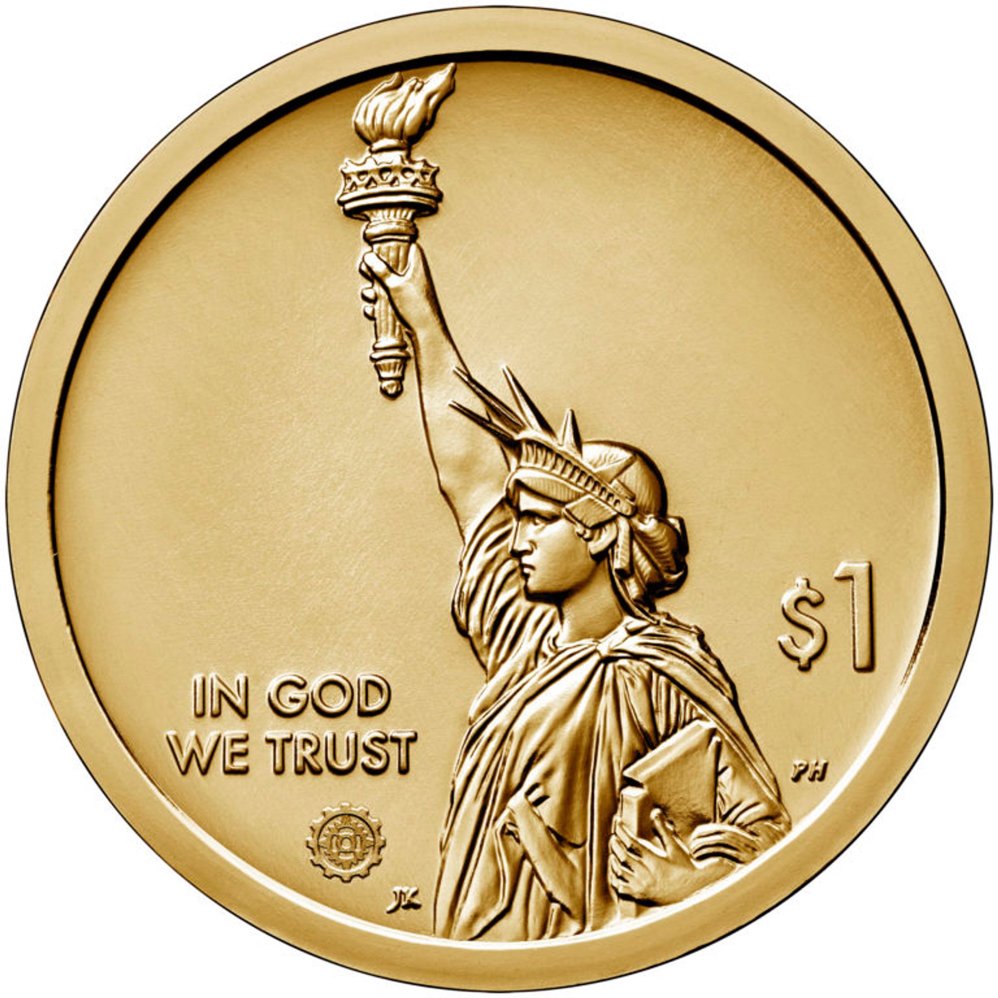 The obverse of a brass-colored round coin showing the profile of the Statue of Liberty from the waist up, arm raised with a torch, spreading across the coin from the bottom right to the top left leaving three quarters of blank negative space. On the bottom left, it reads IN GOD WE TRUST, on the right $1

Aside from tiny hallmarks clustered around the bottom, that’s it. It’s a metal slug. 

 