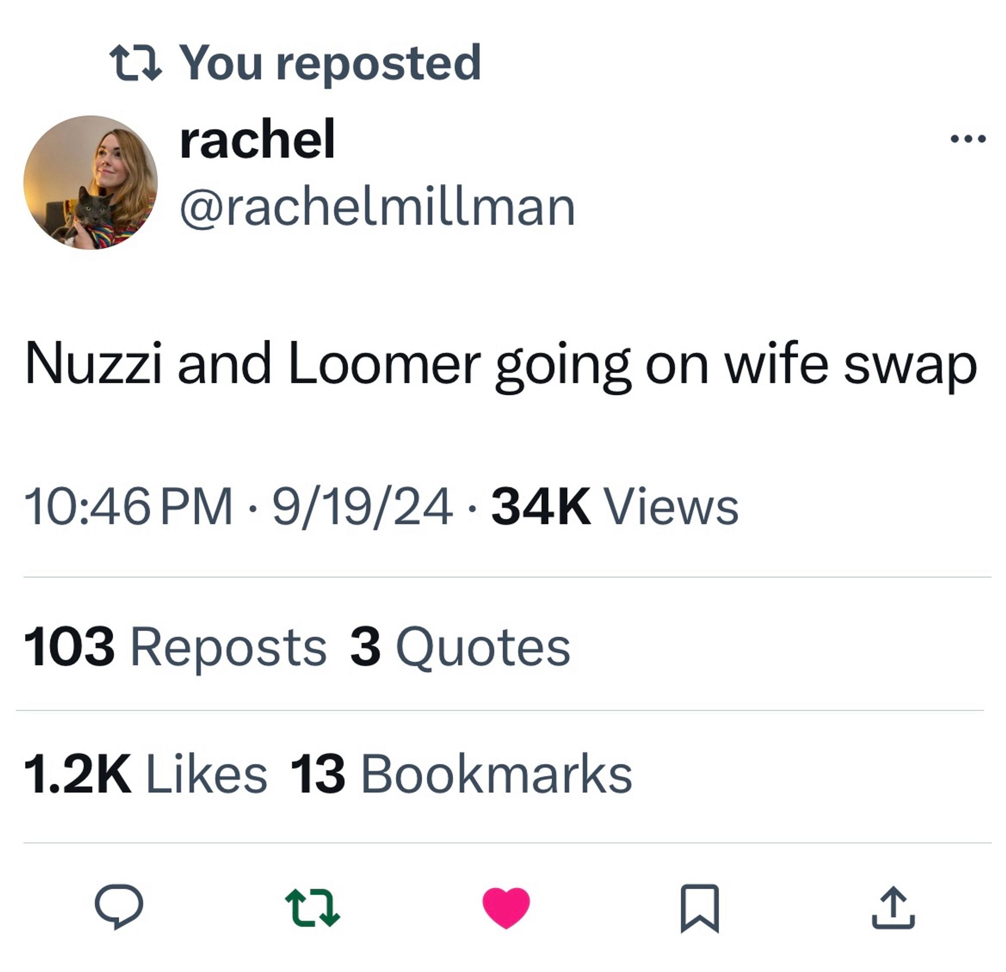 Screen shot of Rachel Milman saying, on X/Twitter, “Nuzzi and Loomer going on wife swap”