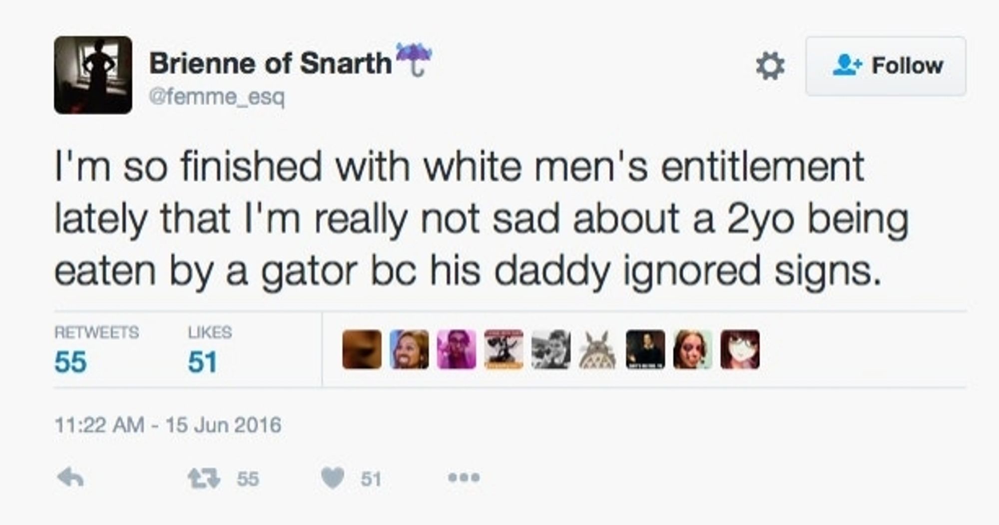 iconic tweet: "im so finished with white men's entitlement lately that im not really sad about a 2yo being eaten by a gator bc his daddy ignored signs"