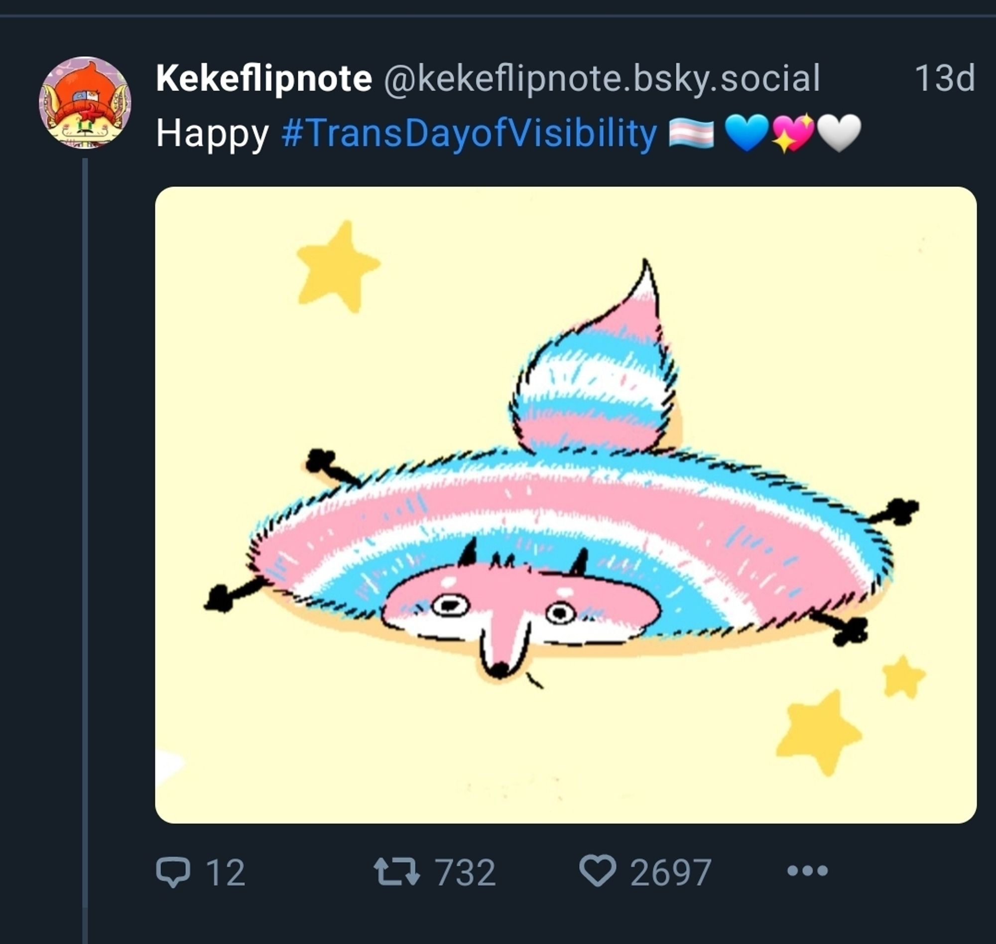 A bluesky post by kekeflipnote featuring a drawing of a flattened fox with the colors of the trans flag. It's captioned "Happy #TransDayOfVisibility"