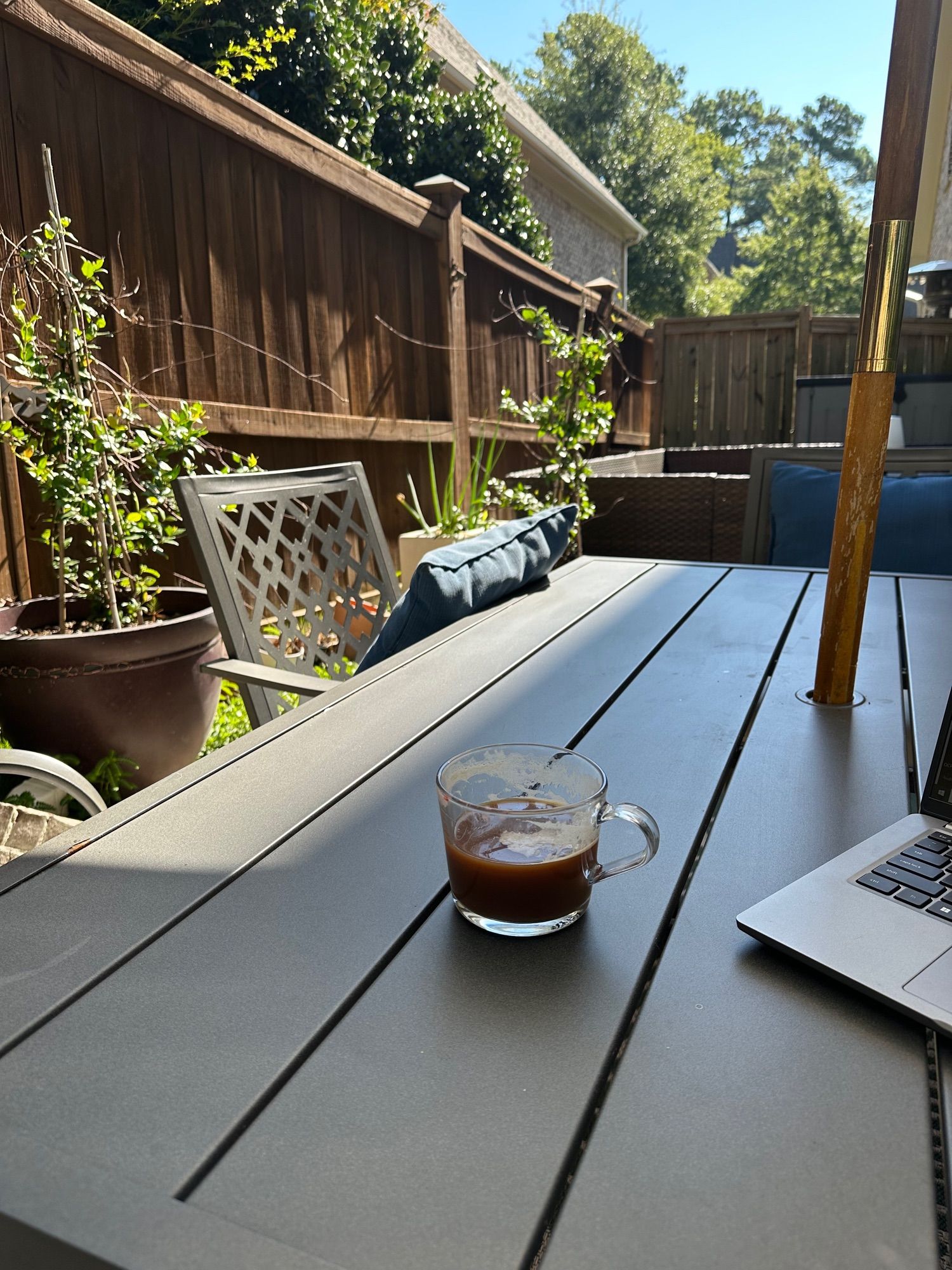 Cup of coffee on my back patio in the morning sun