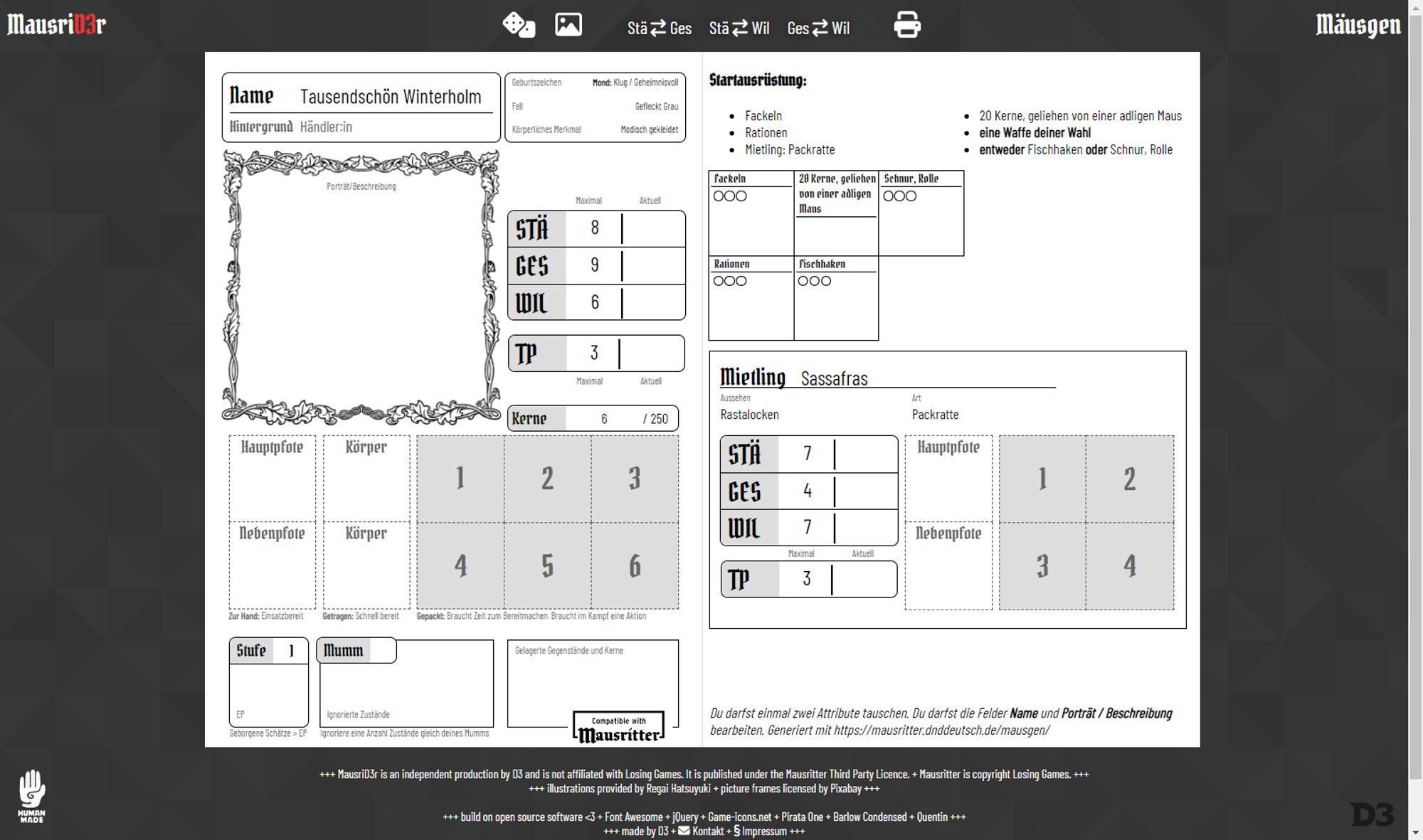 Screenshot von "Mäusgen". Links ein ausgefüllter Mausritter Charakterbogen, Rechts eine Auflistung der Startausrüstung inklusive Ausrüstungskärtchen und Wertebogen eines Mietlings