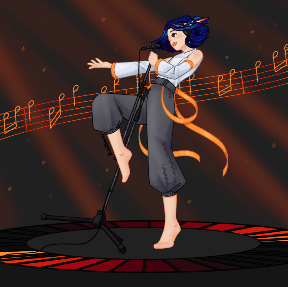 RabSwar's persona with blue chin lenth hair and a braid, in vocaloid style clothing singing into a microphone and hitting a pose infront of a stage style background with floating notes.