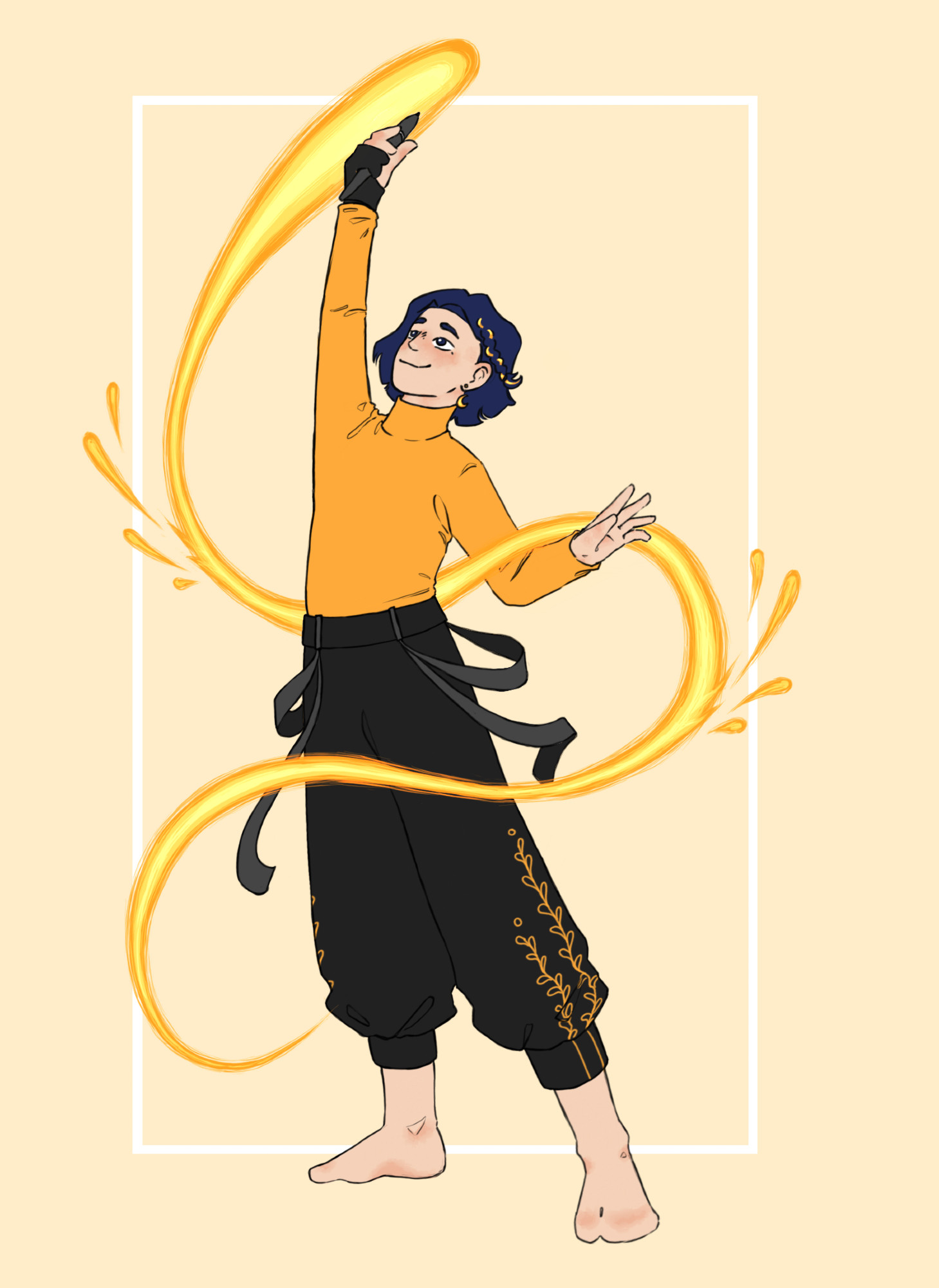 A character standing tall with a hand in the air (digital drawing pen in hand) drawing a glowing line. The character - RabSwar's persona - has blue chin lenght hair with a short braid, a yellow turtleneck and black techwear style pants with golden/yellow plant embroidery. They look androgynous and are barefood in this picture.