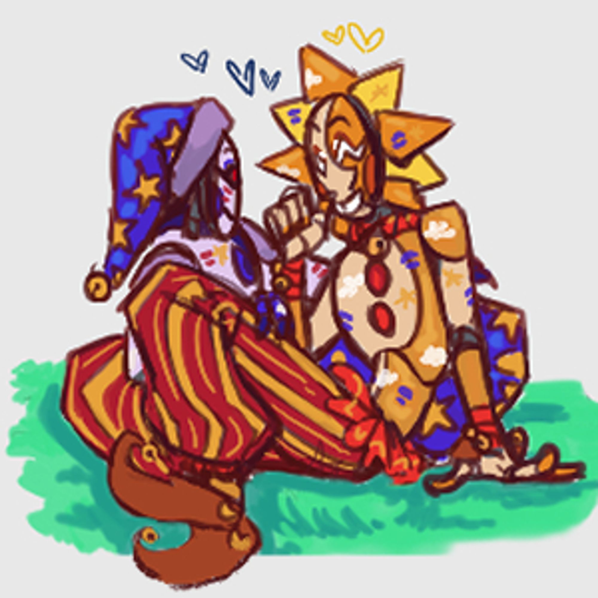 [ID: Digital art of Sun and Moon sitting together on some grass. They're smiling at each other. Sun has blue kiss marks all over him and stickers of clouds and stars, while Moon has red kiss marks on him. End ID.]