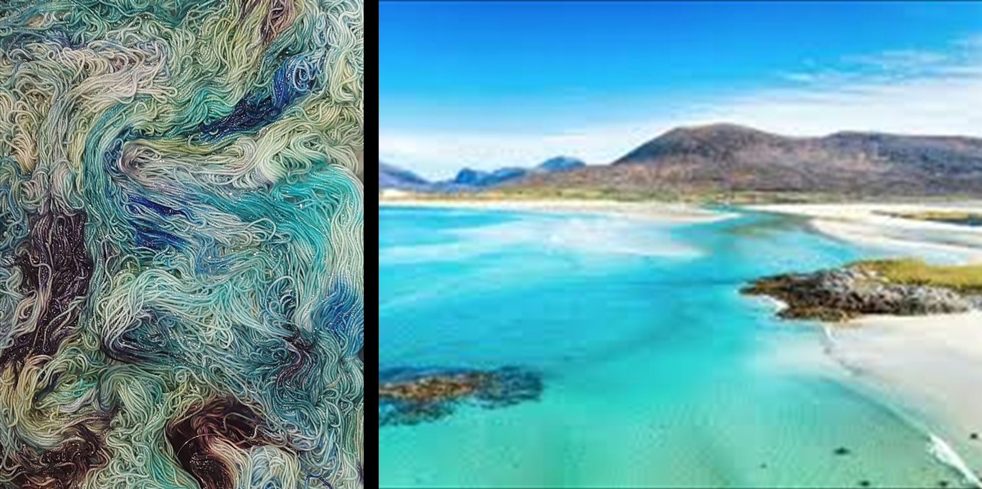 Left image: coloured yarn of blues, greens, browns, creams. Right image: similar colours in the coastline and sea of Outer Hebrides.