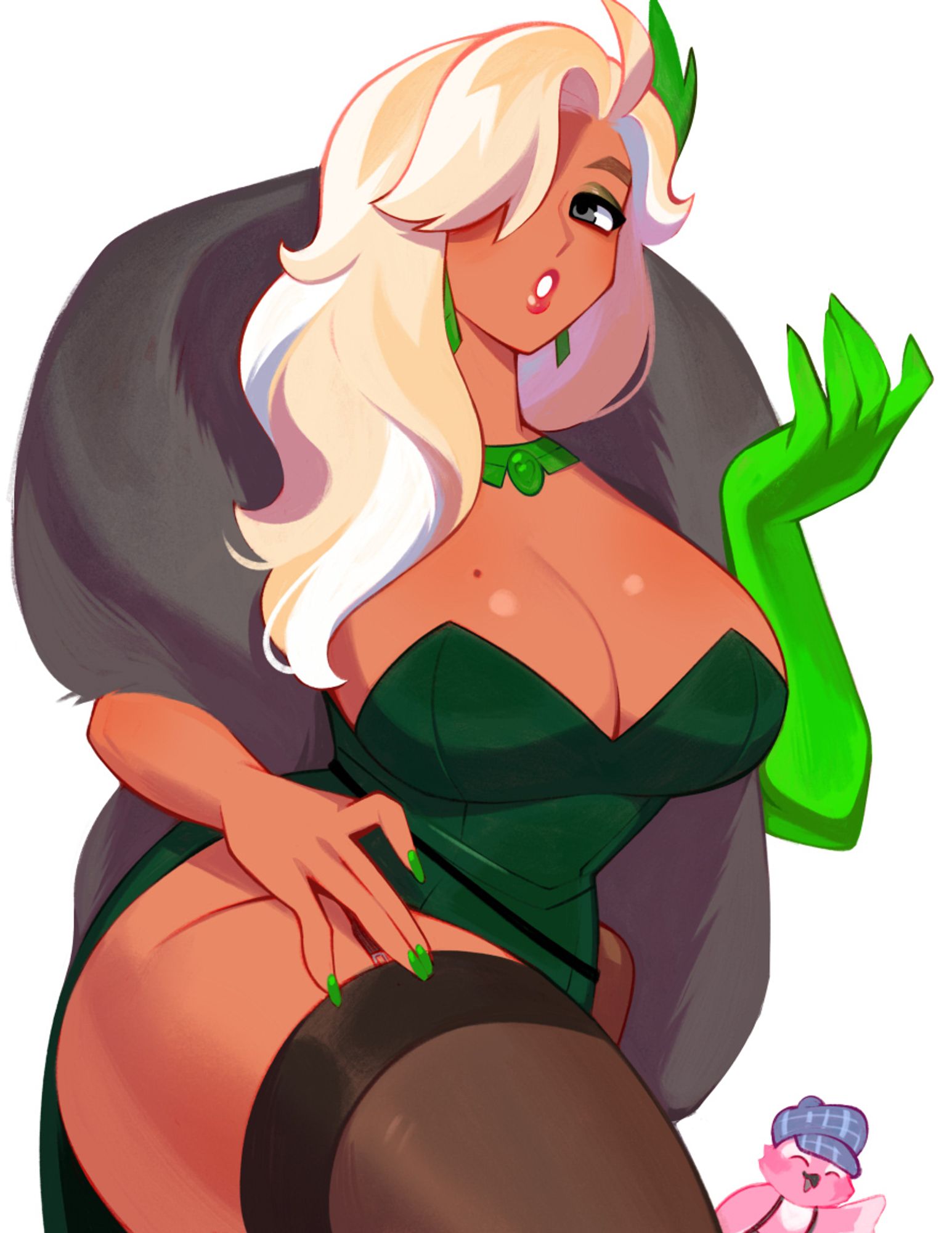 My vtuber oc (Brown skin, blonde woman with white hair streaks) dressed up as Lady Geist from Deadlock (green arm, green necklace and earrings and head piece, dark green dress with a fur collar-like thing) in a pin-up pose and my Mascot, Babito, a pink bird, in the background smiling and waving, he is also dressed up as Ivy from Deadlock (blue striped hat with overalls).