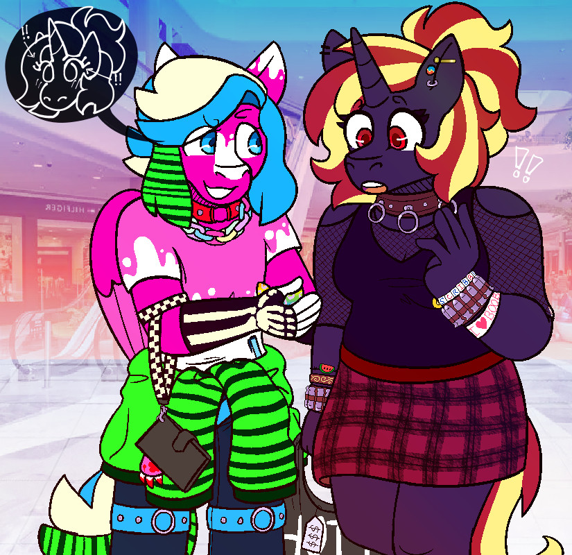 a digital drawing of two heavily-accessorized anthro ponies standing in a mall, with the horse on the left showing the one on the right her own reflection after applying her eyeliner. the one on the right is a dark purple unicorn adorned in black and red clothing with several bracelets and a choker, and is holding a shopping bag in one hand. she has an expression of wonder on her face. the one on the left is a pink pegasus with coontails and brightly-colored scene-inspired clothing, as well as skeleton-pattern fingerless gloves and a lanyard attached to their phone case. they smirk as they watch the other pony's reaction to her new look.