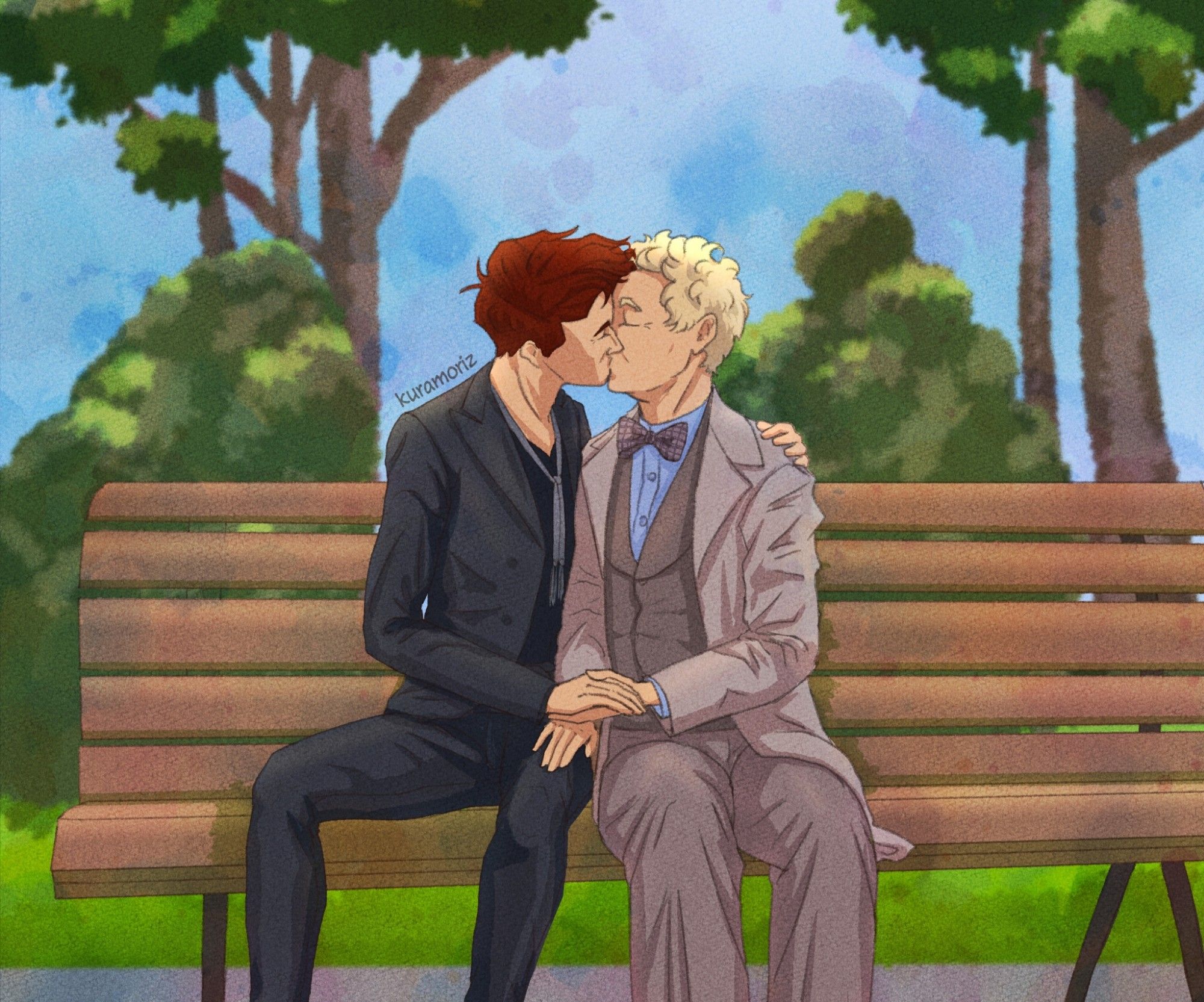 Aziraphale and Crowley sit on a bench, holding hands and kissing