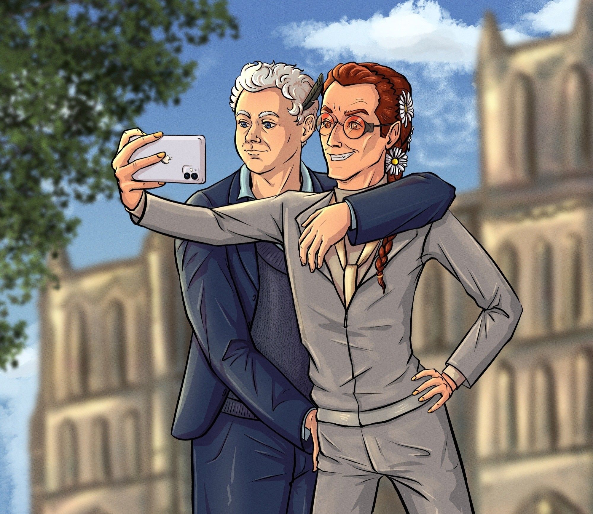 Aziraphale and Crowley taking a selfie, but Aziraphale dressed like a demon, and Crowley like an angel