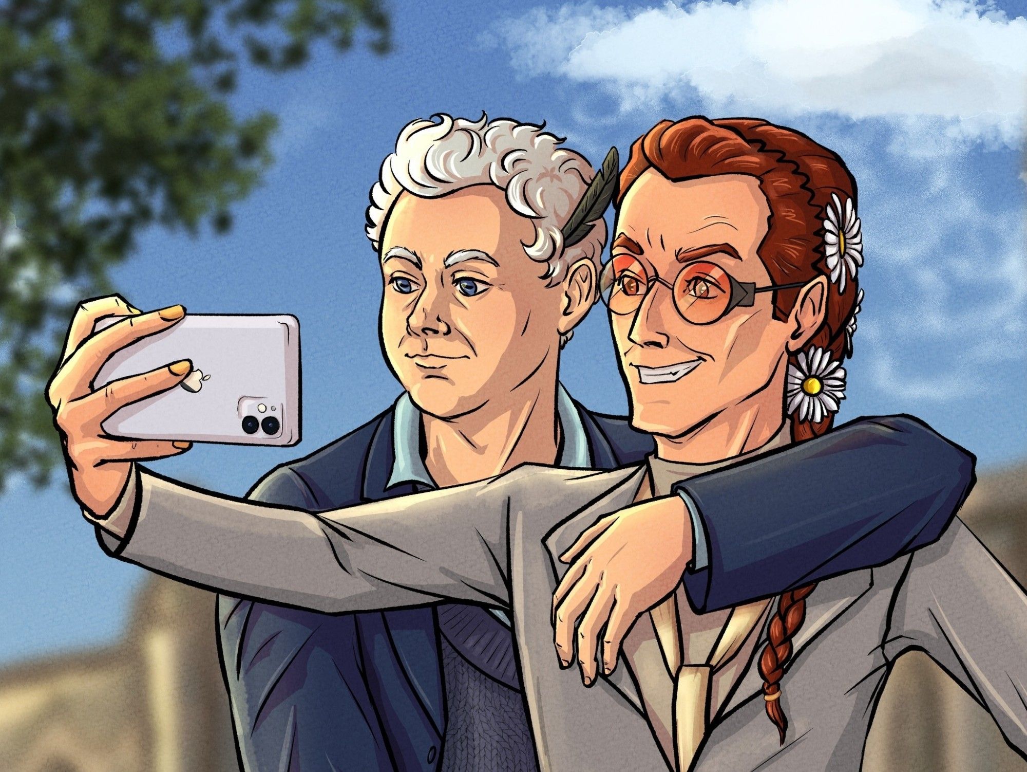 Aziraphale and Crowley taking a selfie