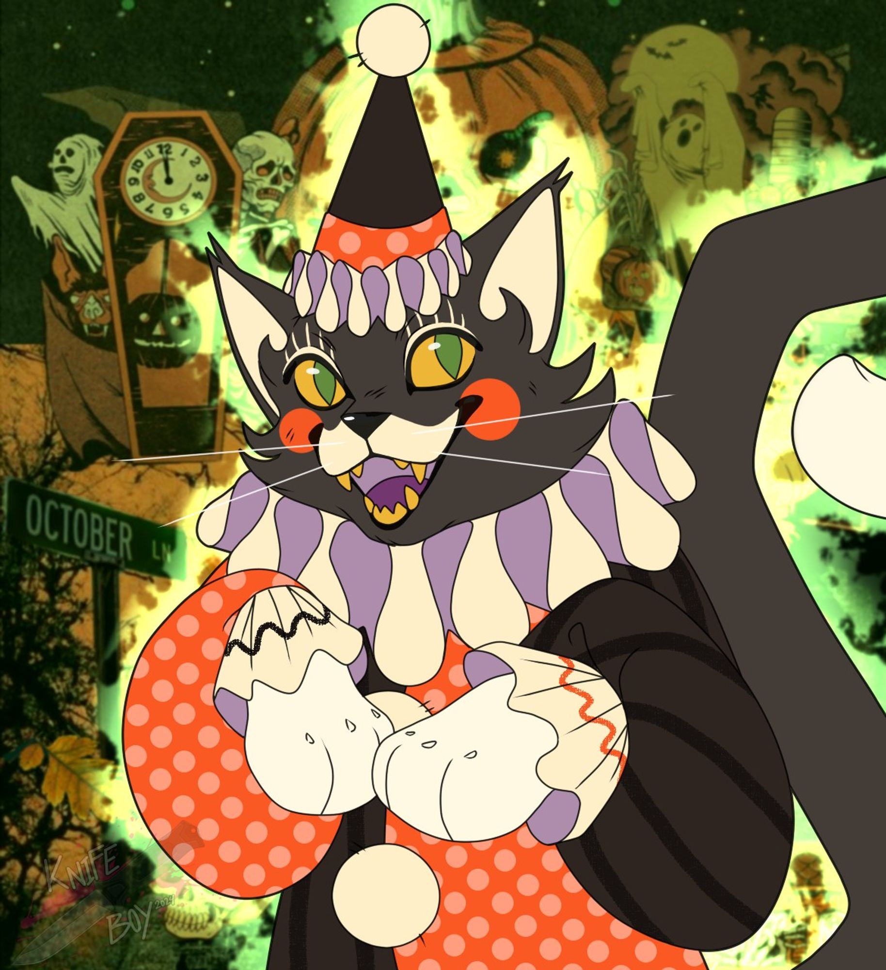 A spectral black cat in a Halloween inspired clown outfit