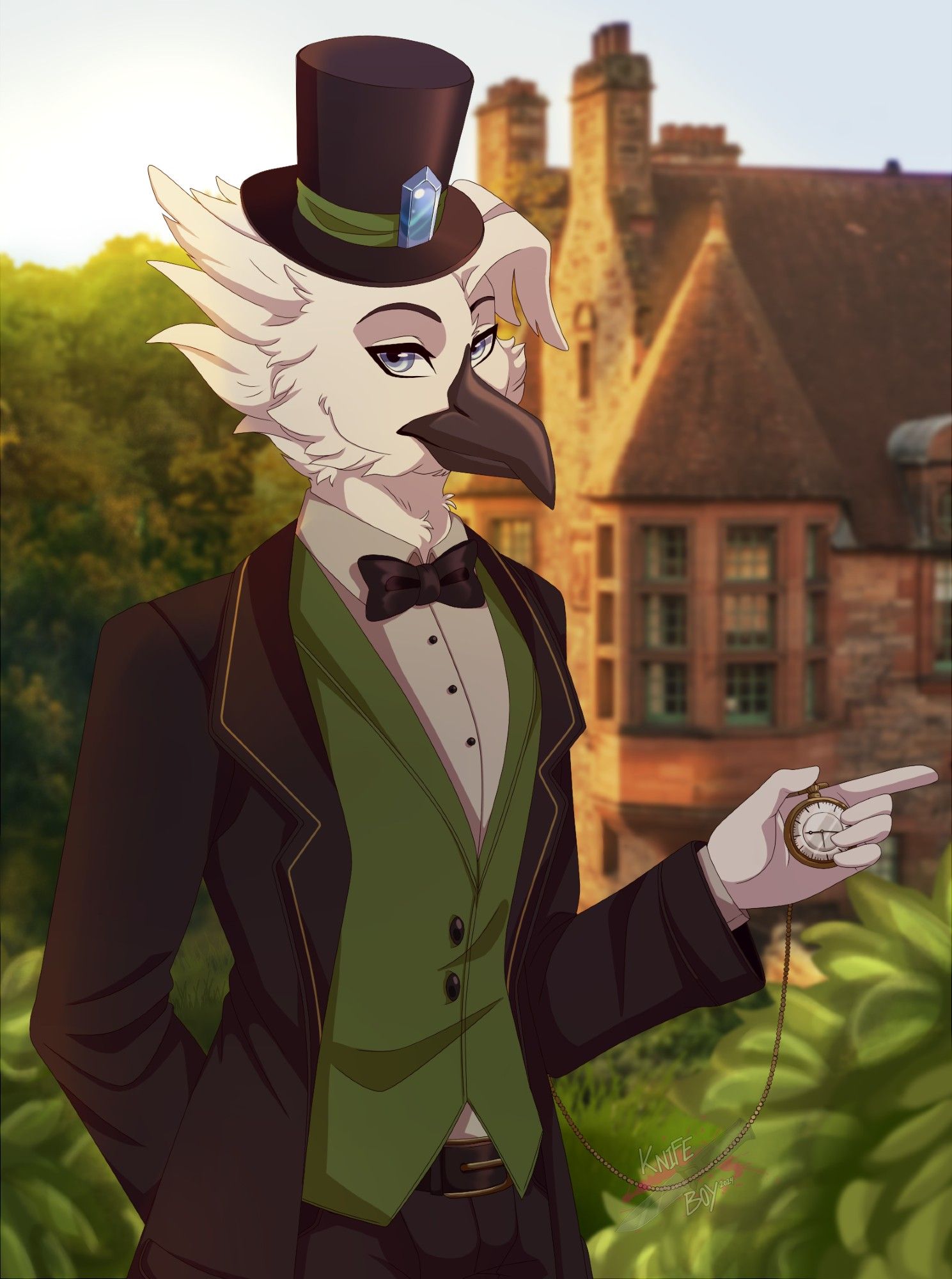 A white gentleman bird holding a pocket watch in front of a mansion