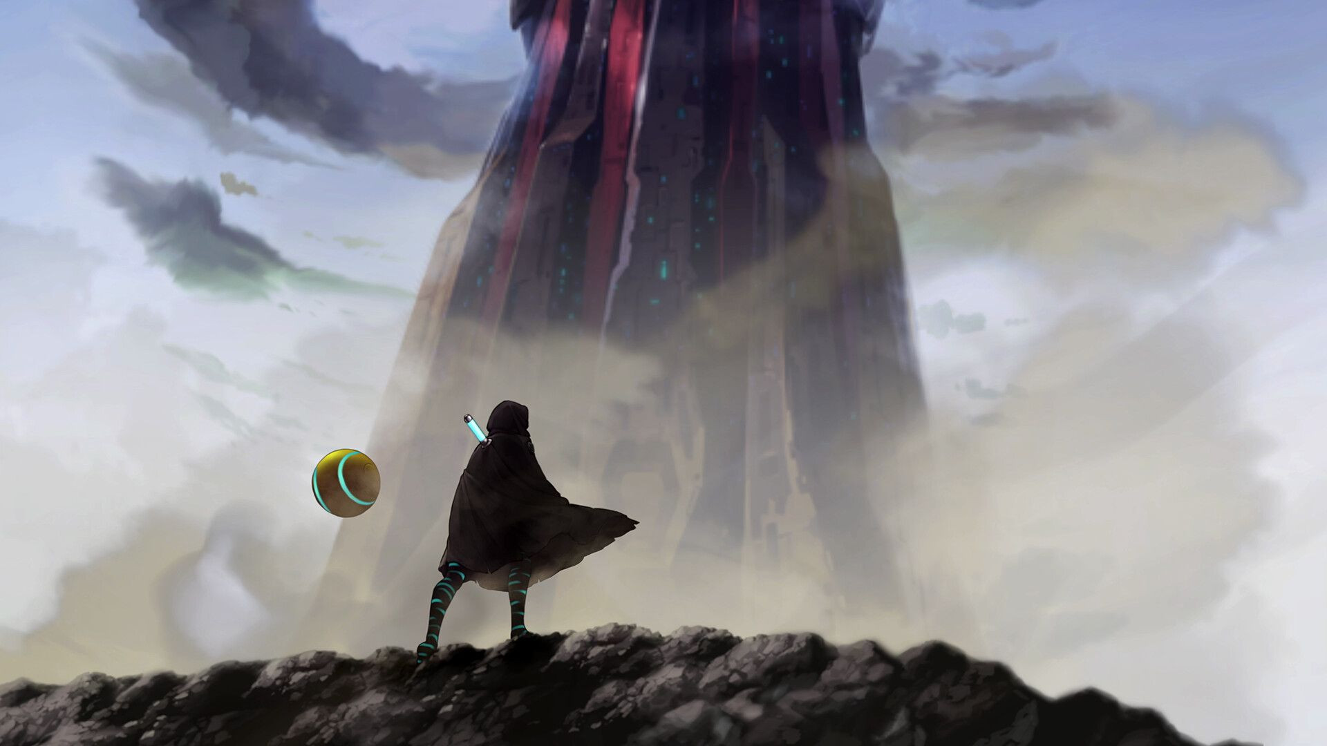 The protagonist from Shadow Labyrinth and Puck face away from the camera towards a looming tower.