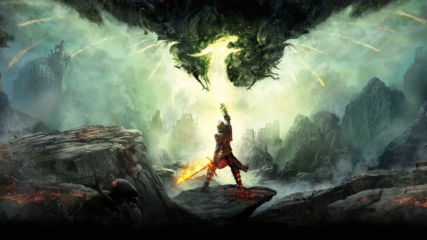 The key art for Dragon Age: Inquisition, showing the Inquisitor character in the center while hordes of demons and darkspawn rage down from above. The positive space of the demonology symbolism creates the head and wingspan of a dragon. Surrounding the Inquisitor is ash, rubble, and decrepit forts, seemingly torn apart by fantasy war. The Inquisitor holds a sword on fire. 