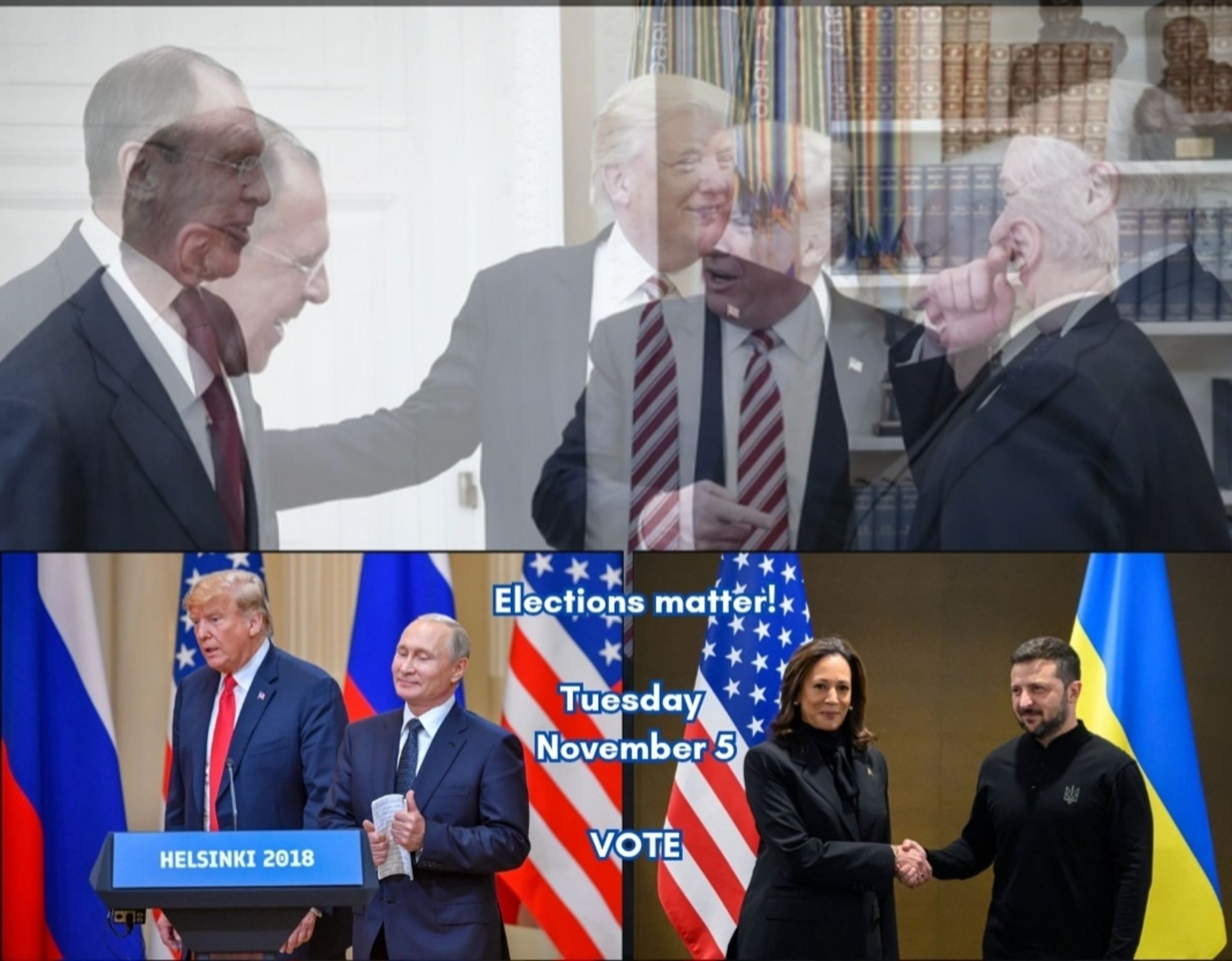 Postcard design by dumbass me 

Top half includes two photographs superimposed from Trump's Lavrov & Kislyak oval office slobbering over each other 

Bottom half is split in two half with text imposed over the American flags from diametrically opposed pictures

The text reads: Elections matter! Tuesday November 5th VOTE.

The image on the bottom left half is a triumphant Putin notes in hand at the 2018 Helsinki conference as dog-walked Trump trails behind mouth a jar 

The image on the lower right half is Vice President Kamala Harris shaking hands with Zelenskyy