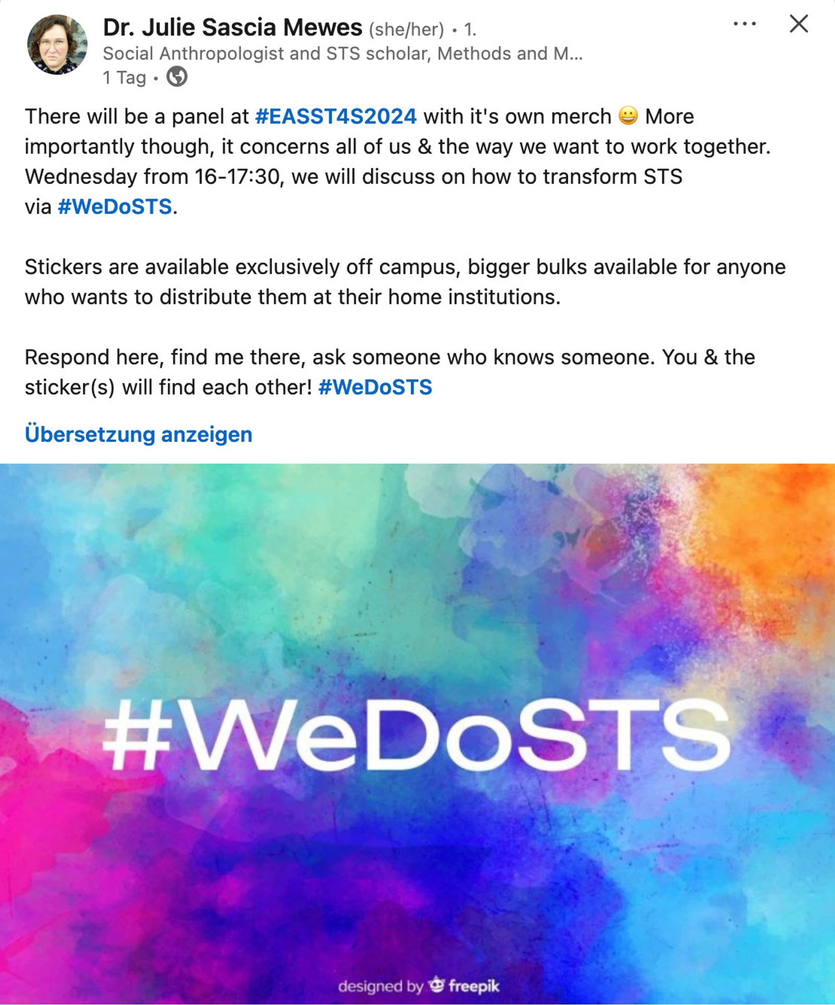 There will be a panel at Hashtag#EASST4S2024 with it's own merch 😀 More importantly though, it concerns all of us & the way we want to work together. Wednesday from 16-17:30, we will discuss on how to transform STS via Hashtag#WeDoSTS. 

Stickers are available exclusively off campus, bigger bulks available for anyone who wants to distribute them at their home institutions.

Respond here, find me there, ask someone who knows someone. You & the sticker(s) will find each other! Hashtag#WeDoSTS