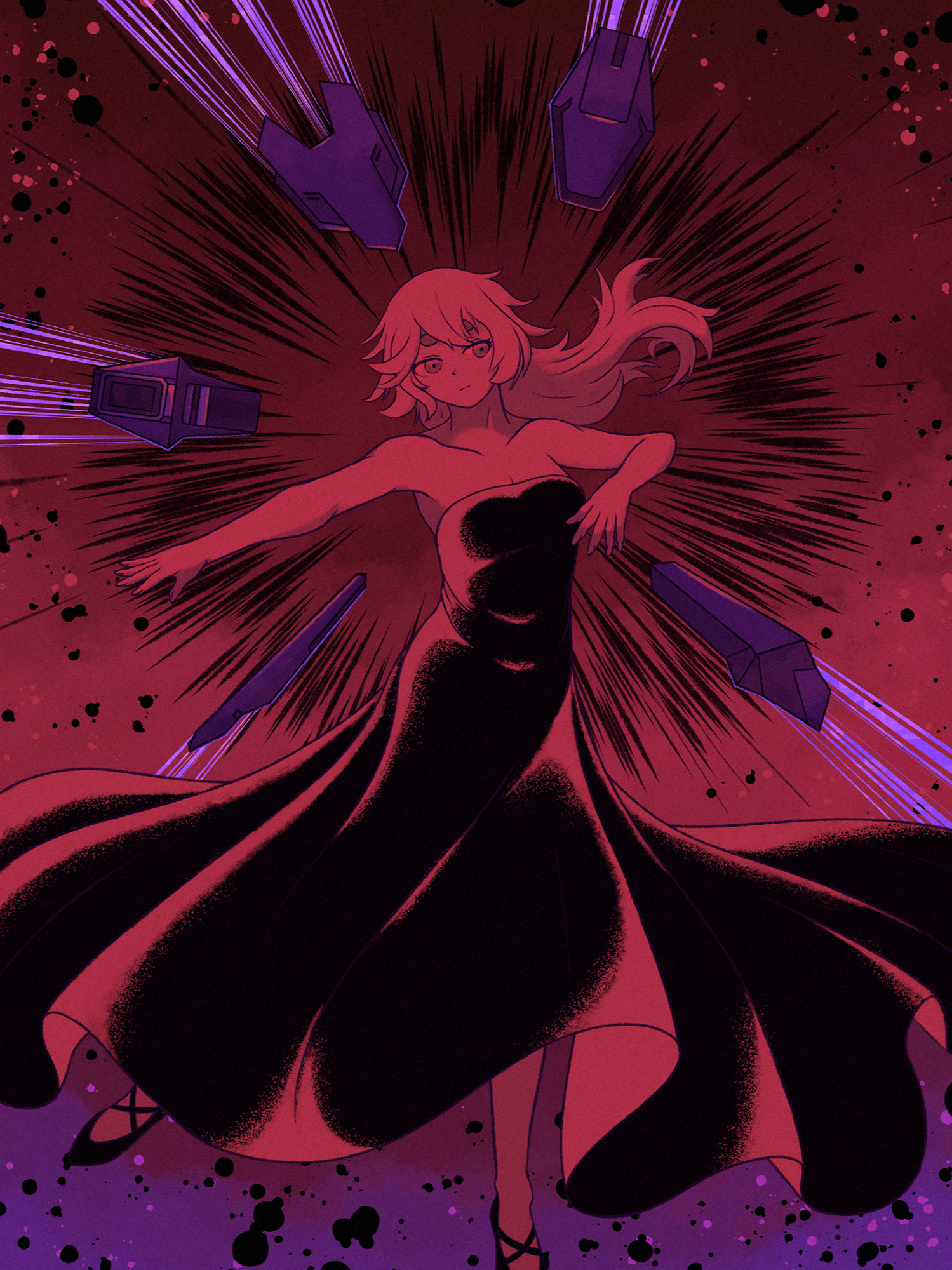 A drawing of Suletta Mercury from Mobile Suit Gundam: The Witch from Mercury, referencing the ending sequence for the second season of the show, showing her dancing in a long flowing dress with GUND-bits floating around her. Only red, purple and black are used.