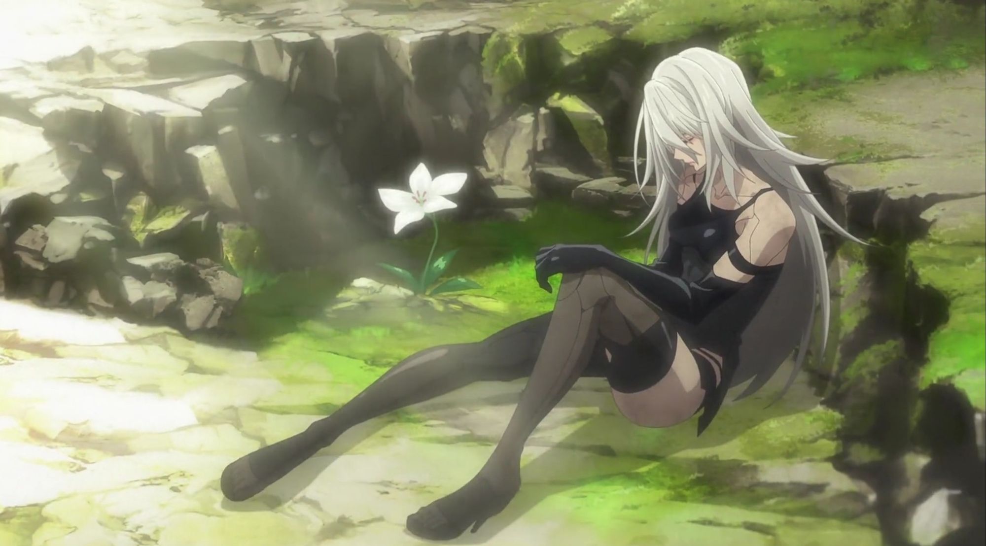 A2 from the Nier Automata anime slumped on a rock next to a flower called Lunar Tear