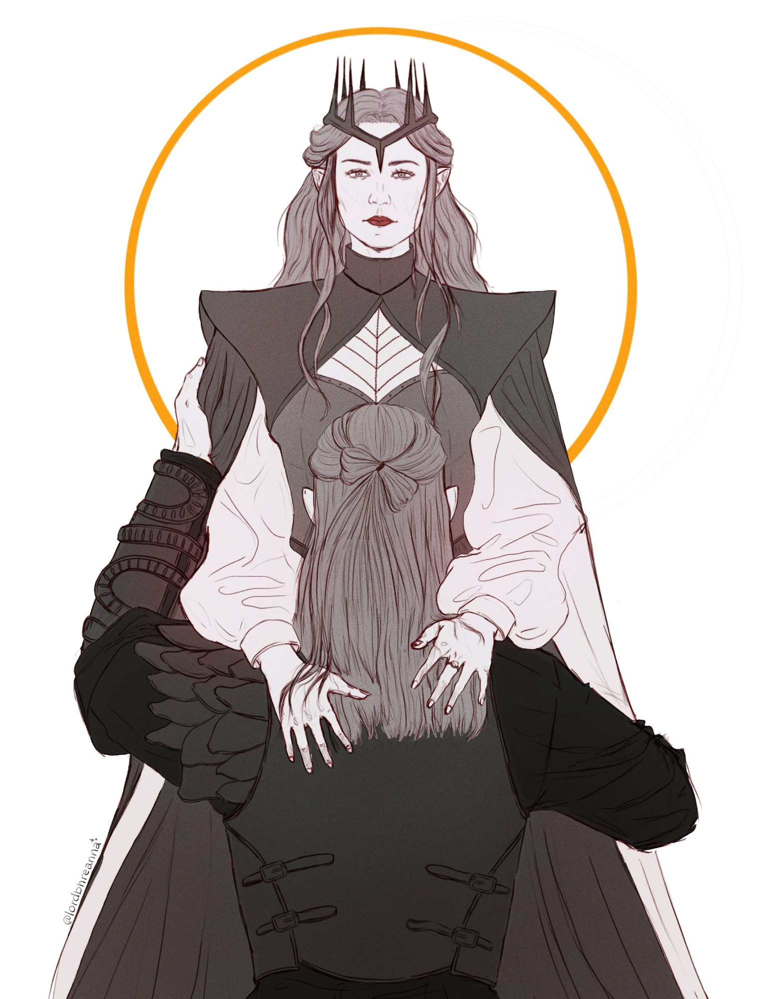 Fanart of Sauron and Galadriel from the Rings of Power, with Sauron knelt before a dark queen version of Galadriel