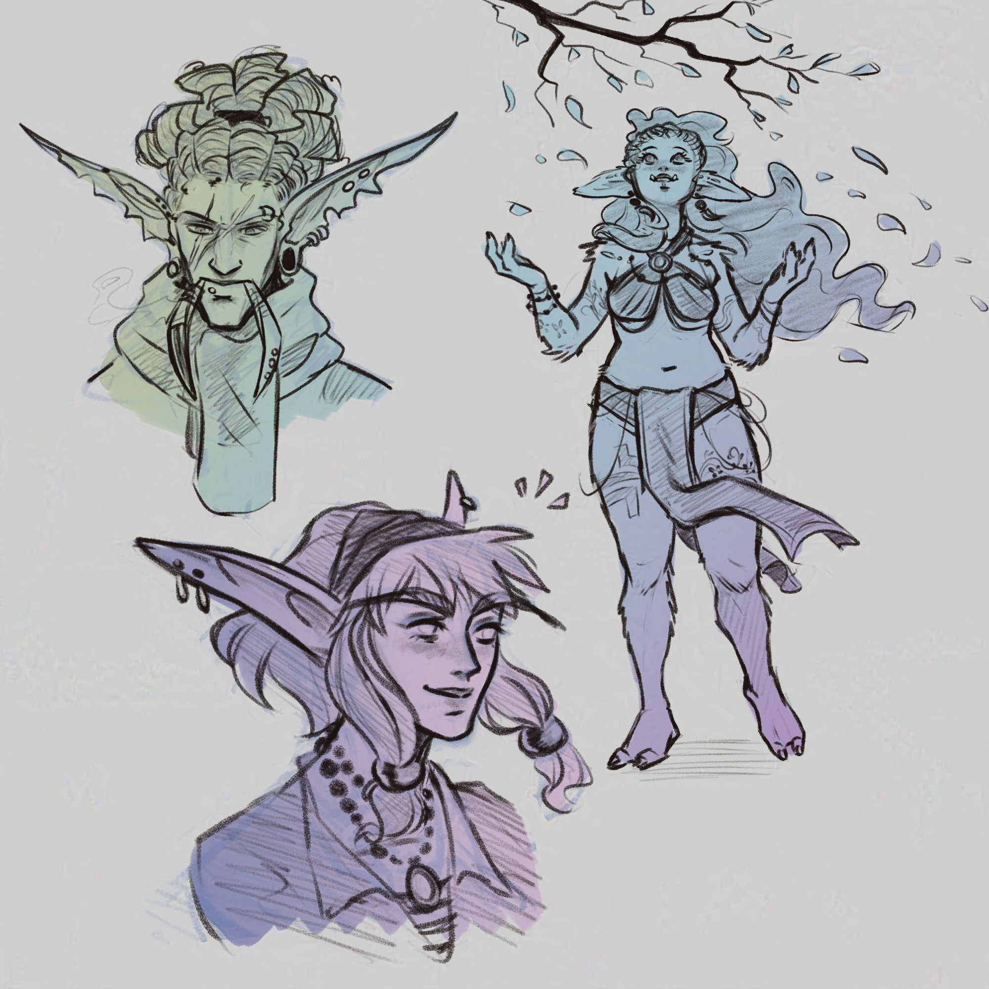 three messy monochrome sketches, one of my troll OC Xah'jo wearing a big scarf and looking rather serious, one of my nightelf OC Yeriya as a grown-up looking confidently into the distance and one full-body sketch of my troll OC Naye'fi looking up at some falling leaves. she looks happy