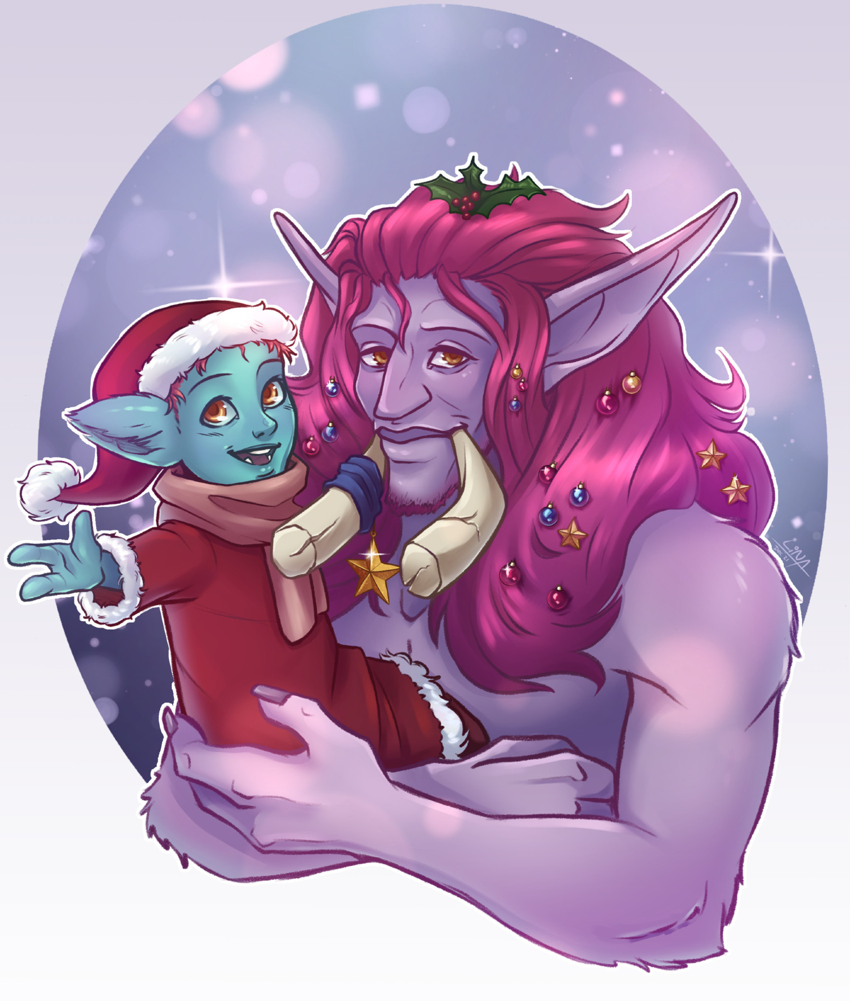 a coloured drawing of my pink troll Sezahjen carrying a young Naye'fi in his arms. Naye'fi has blue skin and bright golden eyes and she's wearing a simple red christmas outfit with white fluffy rims and a light pink scarf. She's smiling and reaching out her hand toward the side. Sezahjen is all light purple with big broken tusks and long fluffy pink hair that's been decorated with small christmas ornaments. His smiling gently and looks generally kind and content