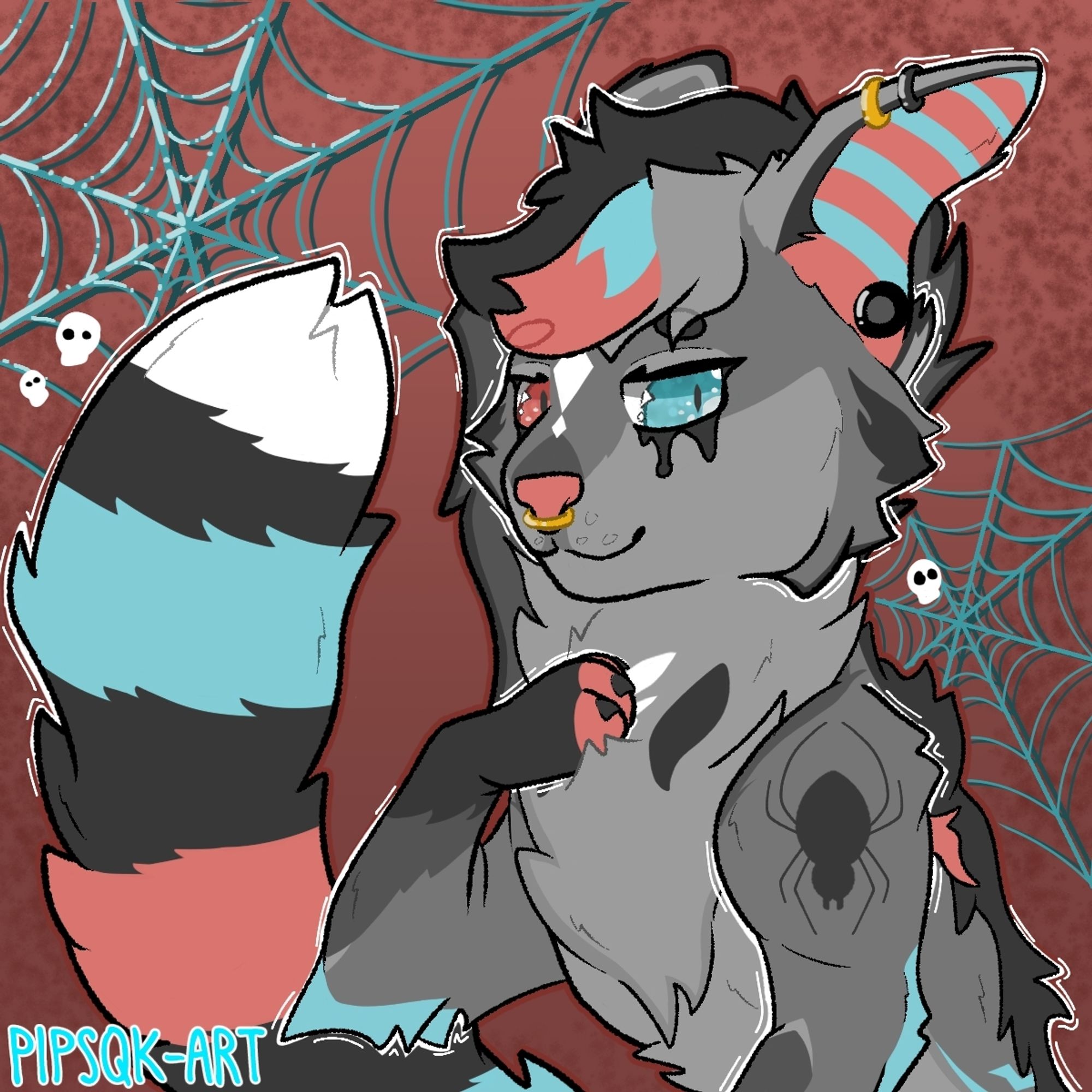 Image ID: A waist-up digital drawing of a halloween-themed canine. She has her right paw held up to her chest, eyes half-lidded and smiling gently. She has mostly grey and dark grey fur with patches of light red and light blue. She also has red and blue stripes on her tail and inner ear. There are white diamond markings between her eyes and a black spider marking on her shoulder. She has a septum piercing, a gauge piercing, and two cartilage hoops. Her left eye is light blue and her right eye is light red. The background is a dark red gradient with blue spider webs. End ID.