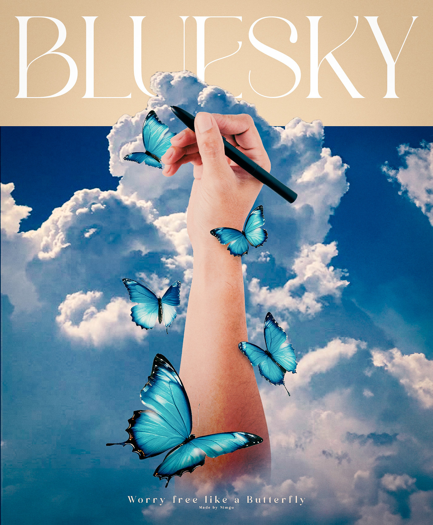 A hand holding a pen in the sky surrounded by blue butterflies with a header saying BlueSky