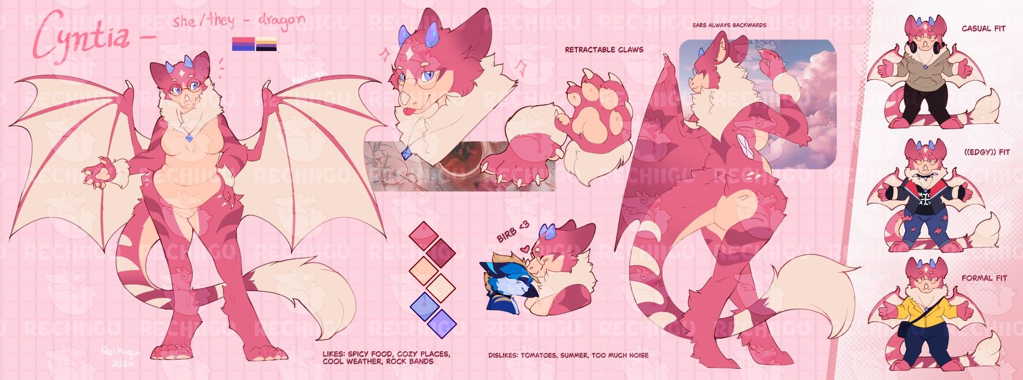 Watermaked reference sheet of a pink fluffy anthropomorphic dragon character with fluffy creamy neck fur, long tail, glasses and wings. Has a back pose and three alternative outfits: hoodie and pants, rocker outfit, and formal attire