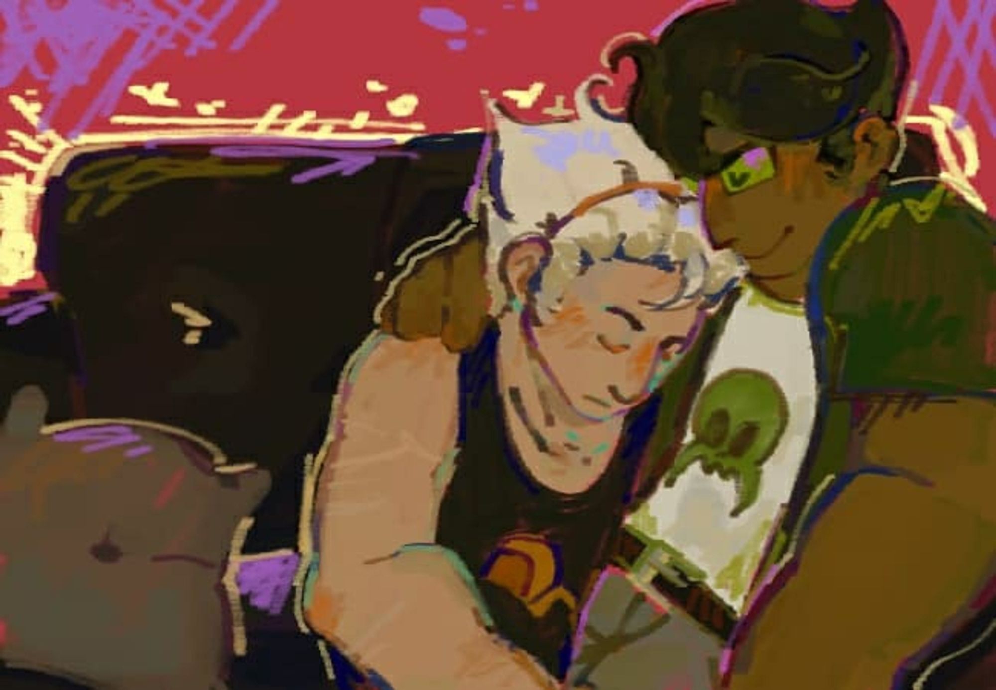 Dirk Strider leaning on Jake English's shoulder. They're both asleep on a couch. It is painted in messy strokes and bright colours