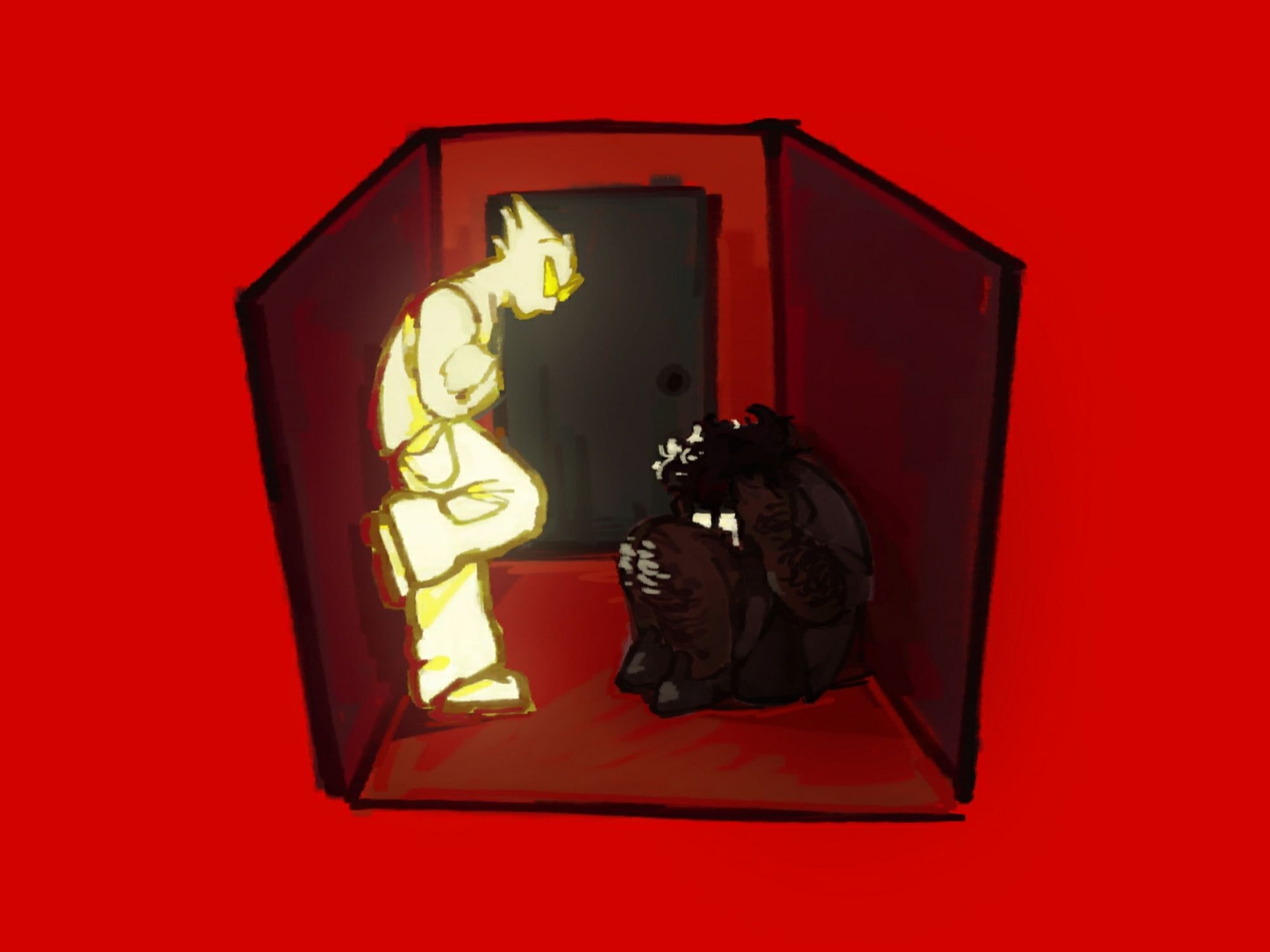 Jake English and Brain Ghost Dirk in a red cube (a simplified supply closet) with a grey door between them. The supply closet cube is on a bright red background. Jake is crumpled on the floor, crying and clutching his head. BGD leans on the opposite wall and looks at him.