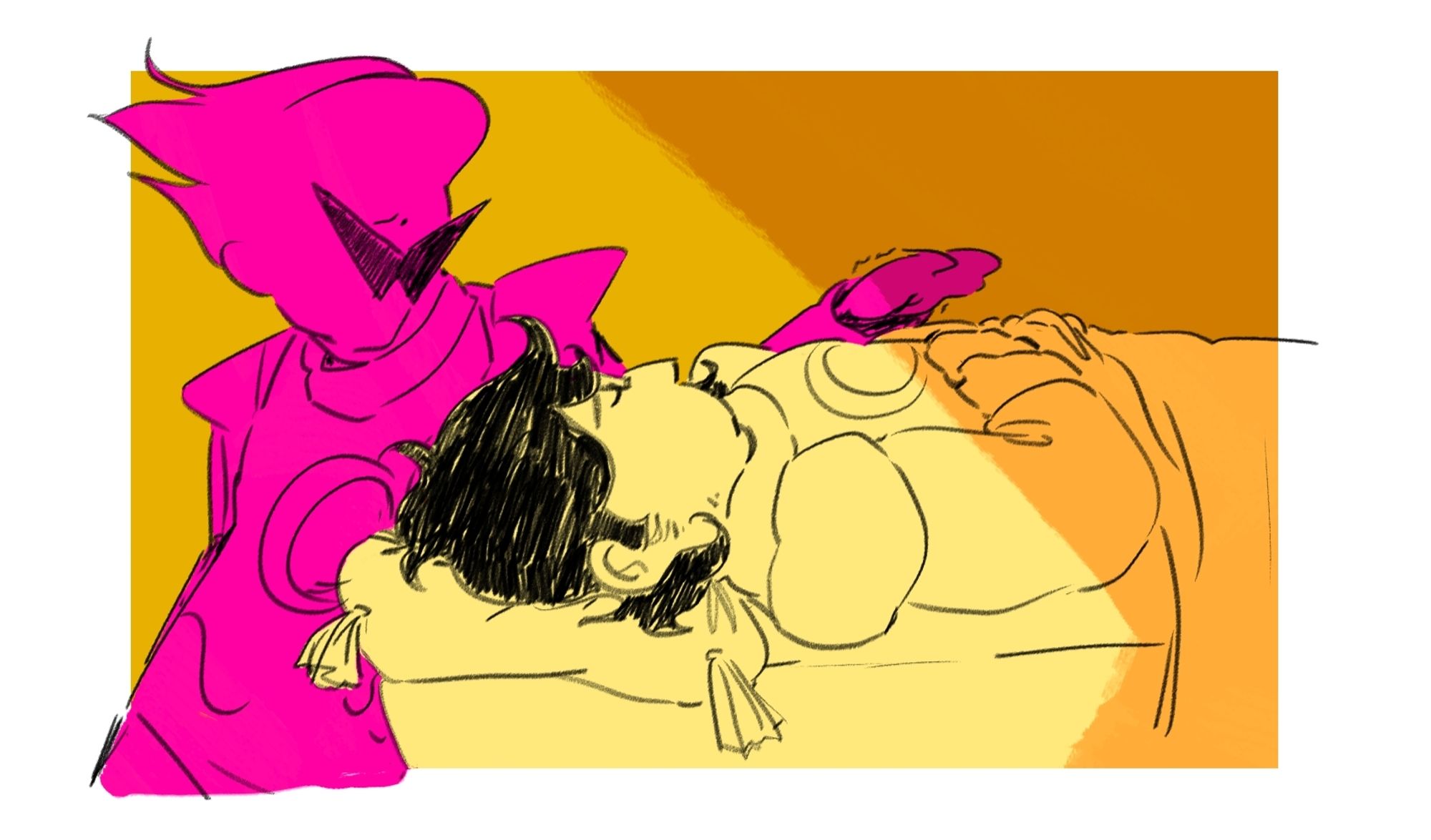 Dirk Strider's dreamself standing above Jake English's, who is sleeping. Dirk hesitantly holds his hand over Jake's.