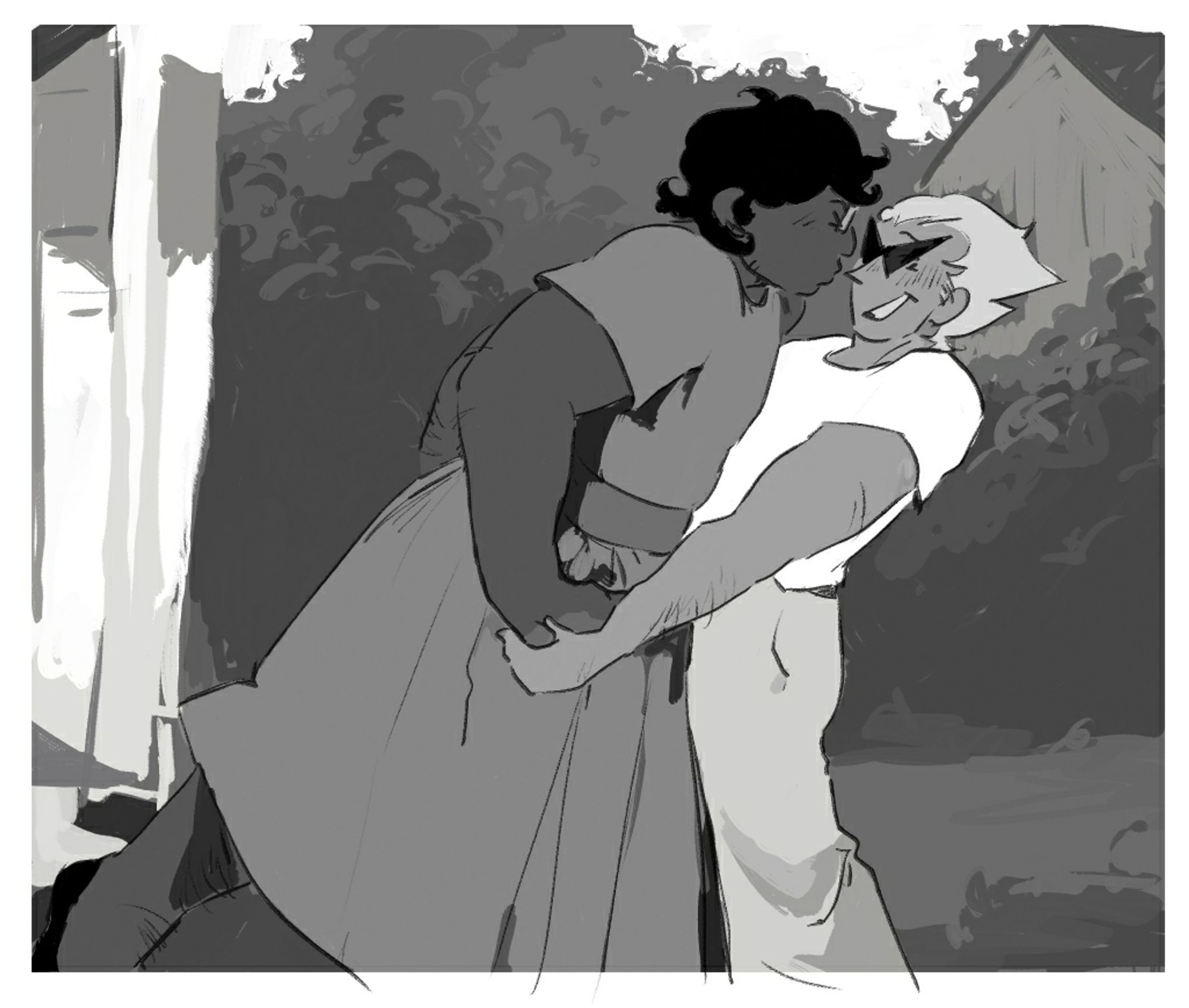 Jake English leaning over Dirk Strider trying to kiss him. Dirk awkwardly chuckles. They are wearing '50s fashion - Jake in a dress and Dirk in a white t-shirt and jeans.