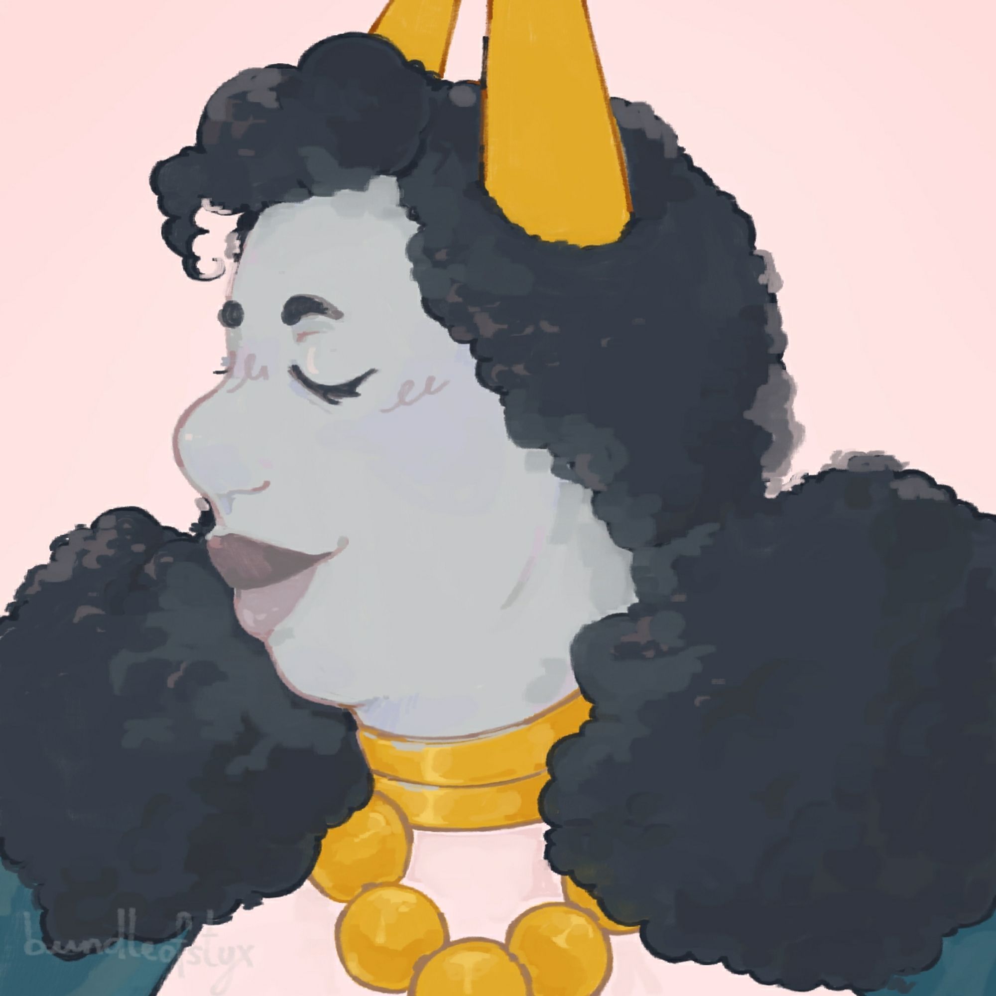 A Homestuck fantroll painted from the shoulders-up. Her head is in profile and she smiles with her eyes closed. She has coily hair in two low buns, black lipstick, tall, straigt horns, and wears a two thick gold necklaces and a white shirt with teal sleeves.