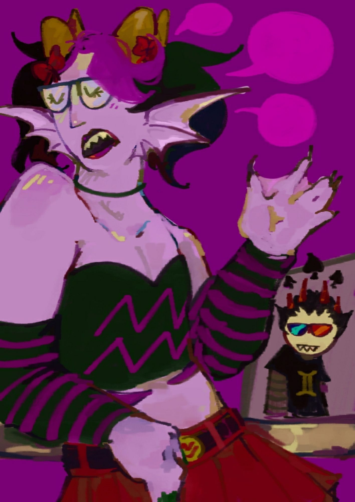 March Eridan leaning stylishly on a metal fence. She looks off to the side with her eyes closed as though indifferent. She is ranting at Sollux, who is tiny in the background and staring at her in distain. He has spades above his head.