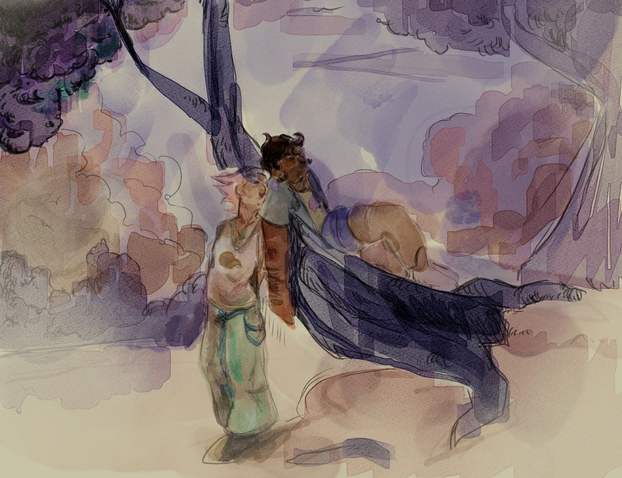 Jake English relaxing on a tree, with Dirk standing up leaning on his shoulder. It is painted in blocky watercolours.