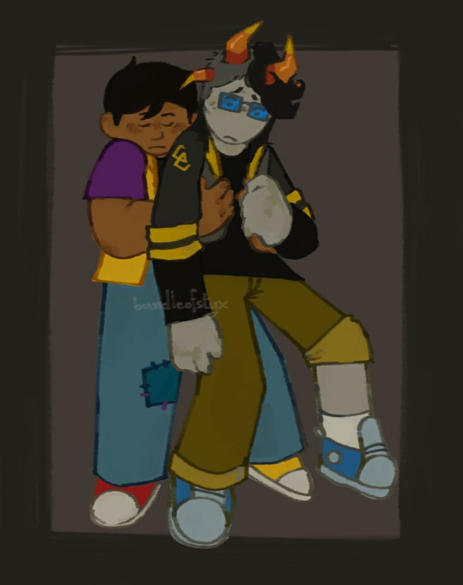 A person hugging a sad-looking Homestuck troll from behind. The person has brown skin, short black hair, and is wearing a yellow jacket, teal jeans, and mismatched red and yellow converse. The troll is a goldblood. She has half-shaved, shoulder-length hair, one large set of horns which stick up and another, smaller pair to the side. She wears blue glasses, a long-sleeved black shirt, a grey and yellow jacket with the sleeves rolled up, yellow trousers (with the left leg rolled up), and blue converse.