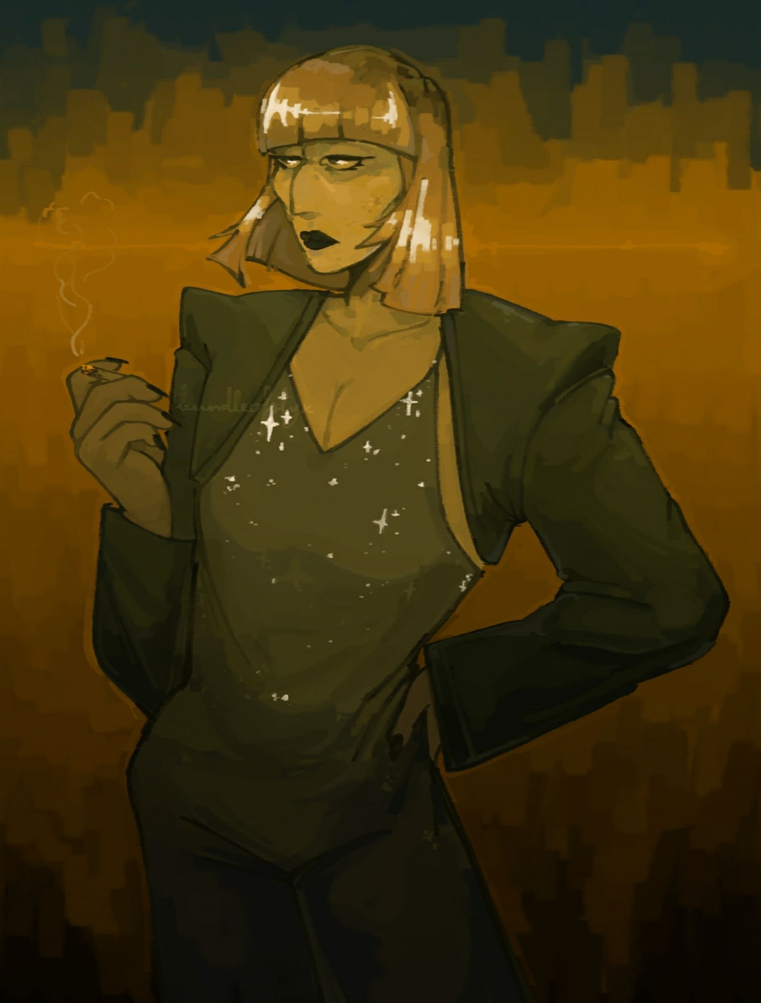 Klaasje Amandou looking tiredly into the distance with a cigarette in her hand, and her other hand on her hip. The background is orange around her face, fading to dark blue at the top and black at the botton of the canvas. Klaasje herself is painted only in orange and grey-green.