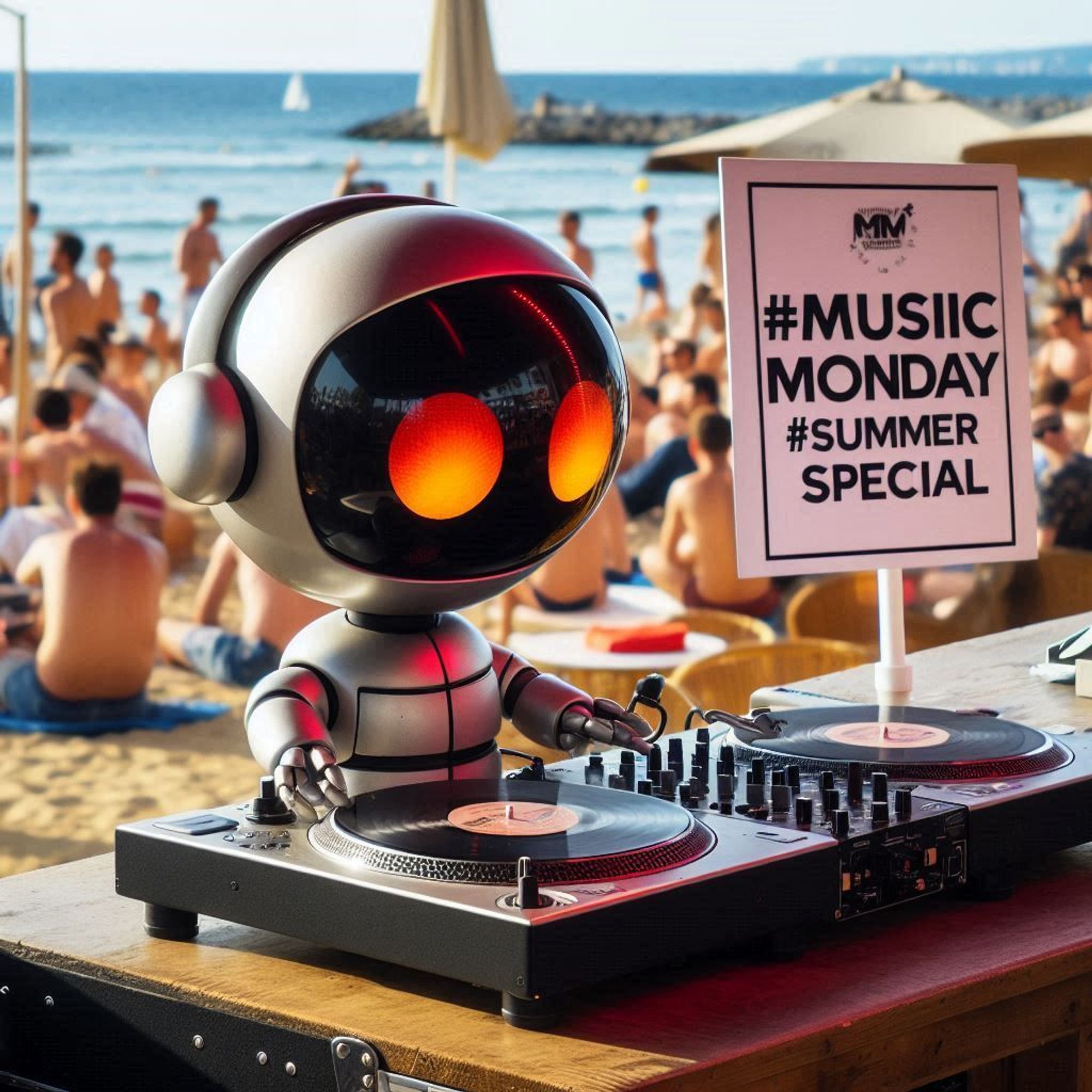 Marvin, the robot from “The Hitchhiker’s Guide to the Galaxy”, stands at the DJ booth and plays records at the beach; sign with the inscription “#MusicMonday #SummerSpecial”