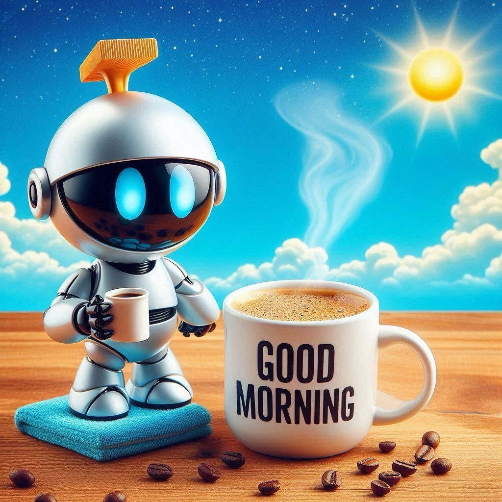 Marvin, the robot from The Hitchhiker's Guide to the Galaxy, in his right hand a cup of coffee; in the background bright blue sky with small clouds and the sun; lettering good morning